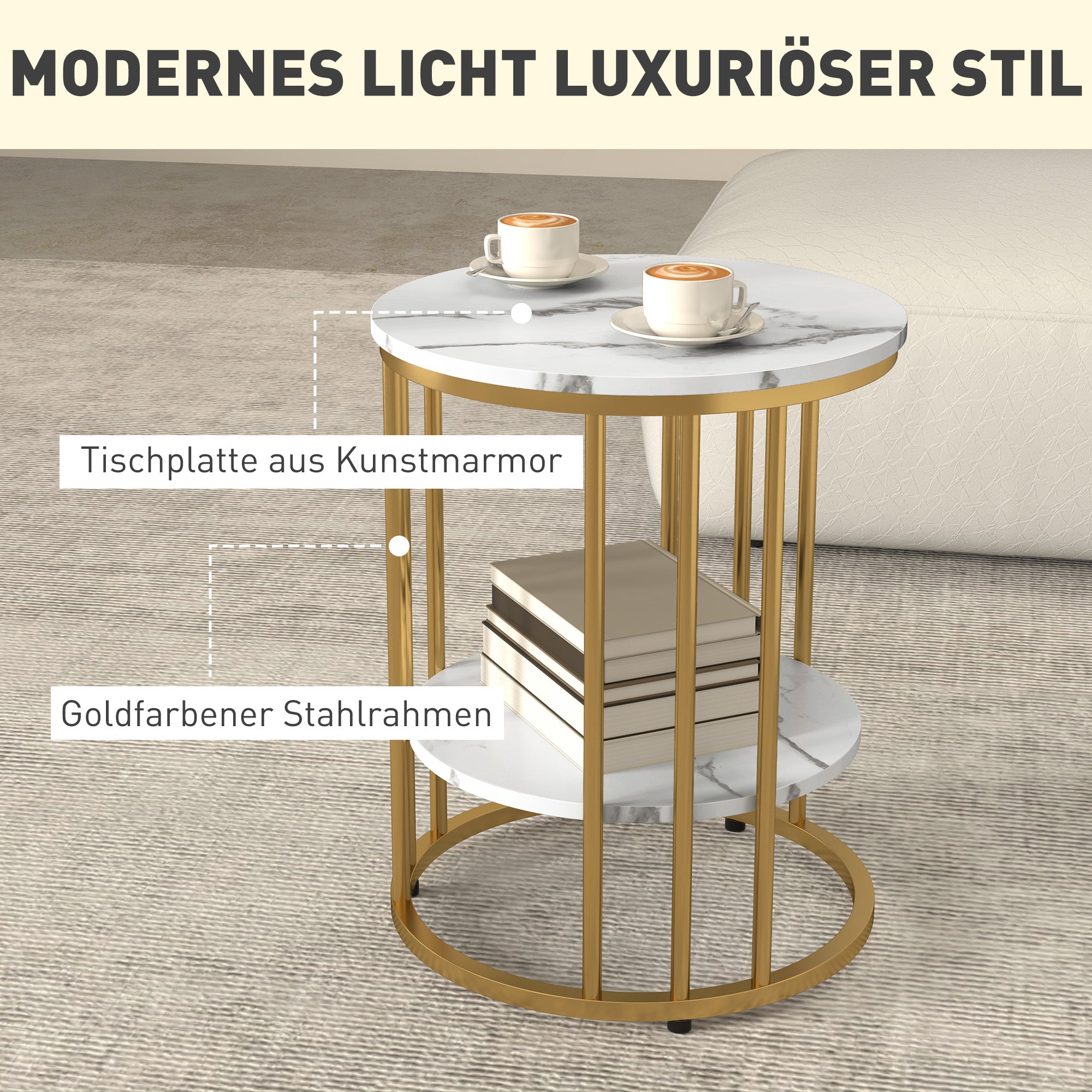 HOMCOM Runder Beistelltisch im 2er-Set, Couchtische in Marmoroptik mit offenem Stauraum und Metallrahmen