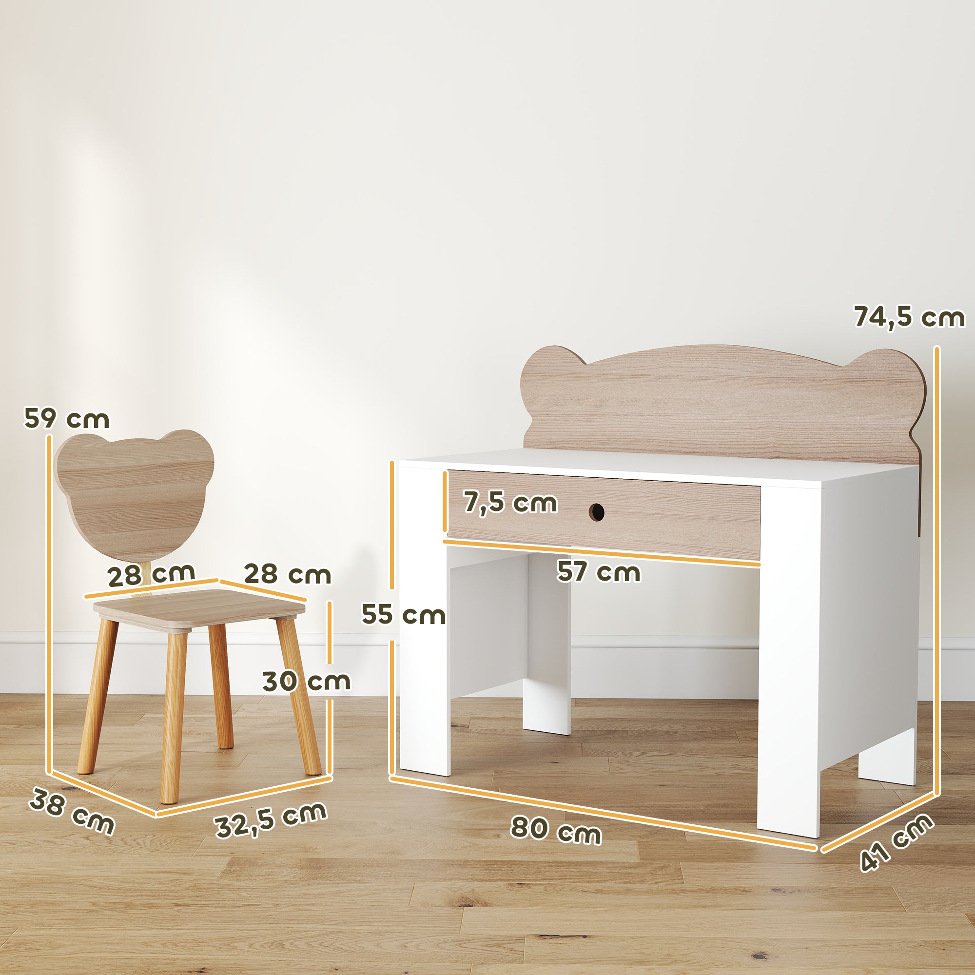 AIYAPLAY Schreibtisch-Set für Kinder, Arbeitstisch und Stuhl mit Bärenform, Schublade, zum Schreiben und Basteln, 3-8 Jahre, Naturholz