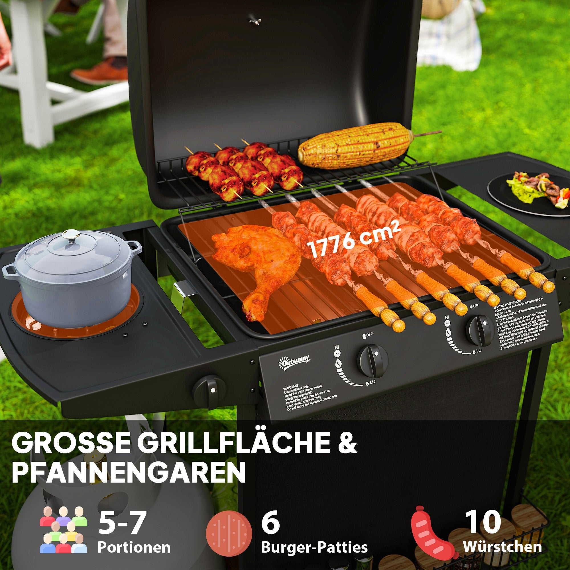 Outsunny Gasgrill 7 KW Grillwagen inkl 3 Brenner Seitenkocher Rolle Deckel 107 x 54 x 96 cm Schwarz