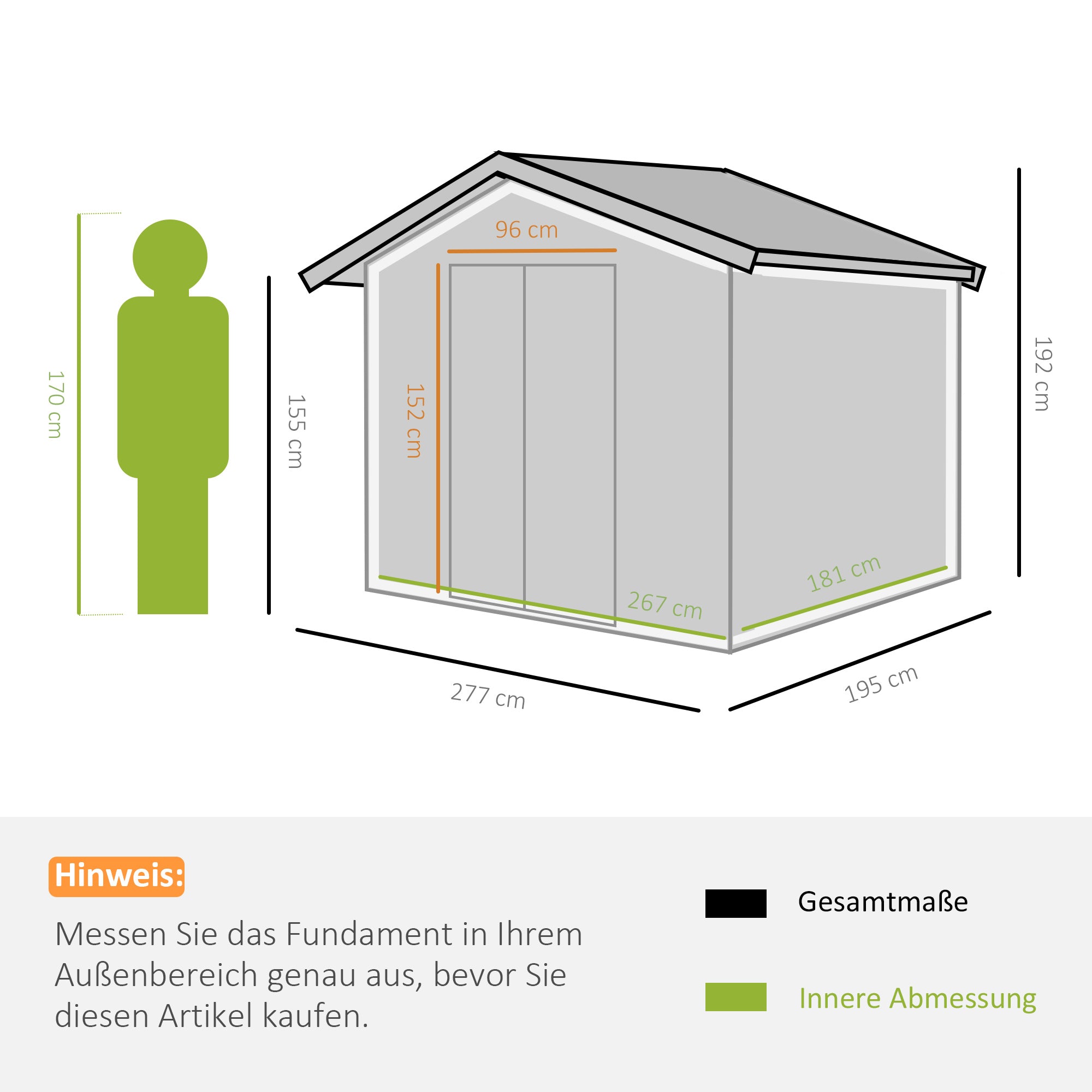 Outsunny Geräteschuppen mit Schiebetüren 2,77 x 1,95 x 1,92cm Metall Hellgrün