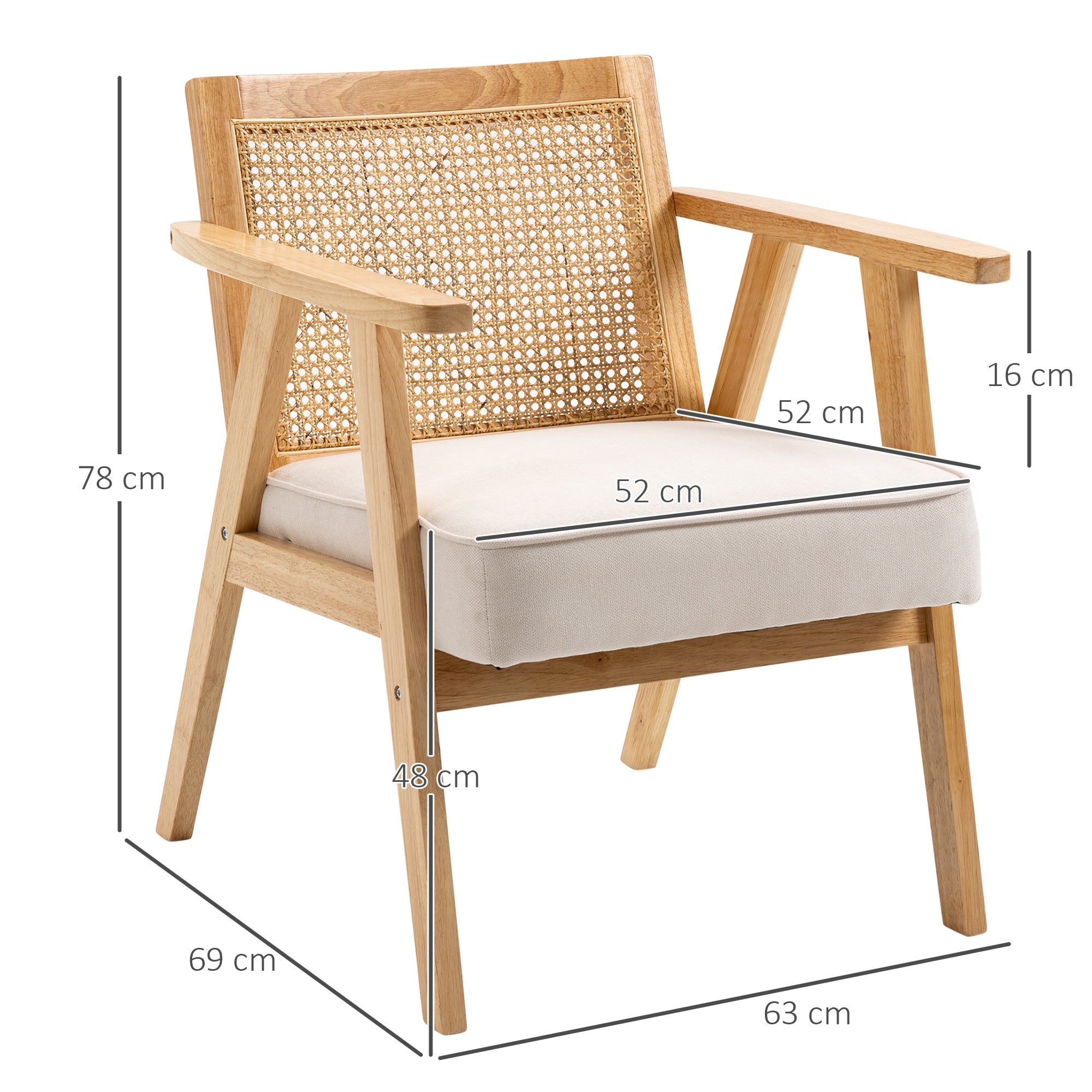 HOMCOM Exotischer Polsterstuhl, Kautschukholz, Sitzkissen in Leinenoptik, 63L x 69B x 78H cm, Cremeweiß
