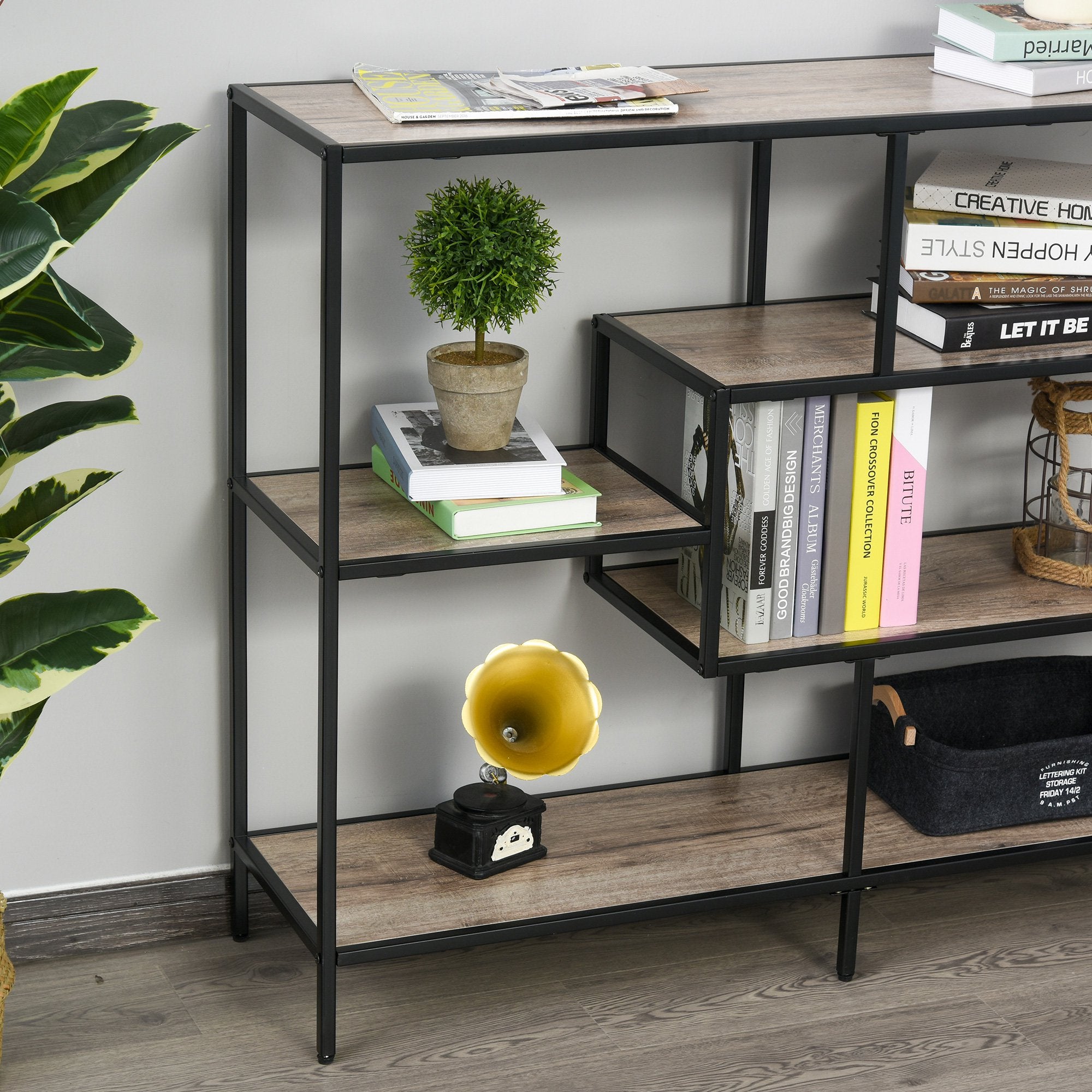 HOMCOM Standregal, Bücherregal Lagerregal Industrieller Stil, Aktenregal, Küchenregal, P2 Spanplatte, Metall, Schwarz+helle Eiche, 120 x 32 x 95 cm