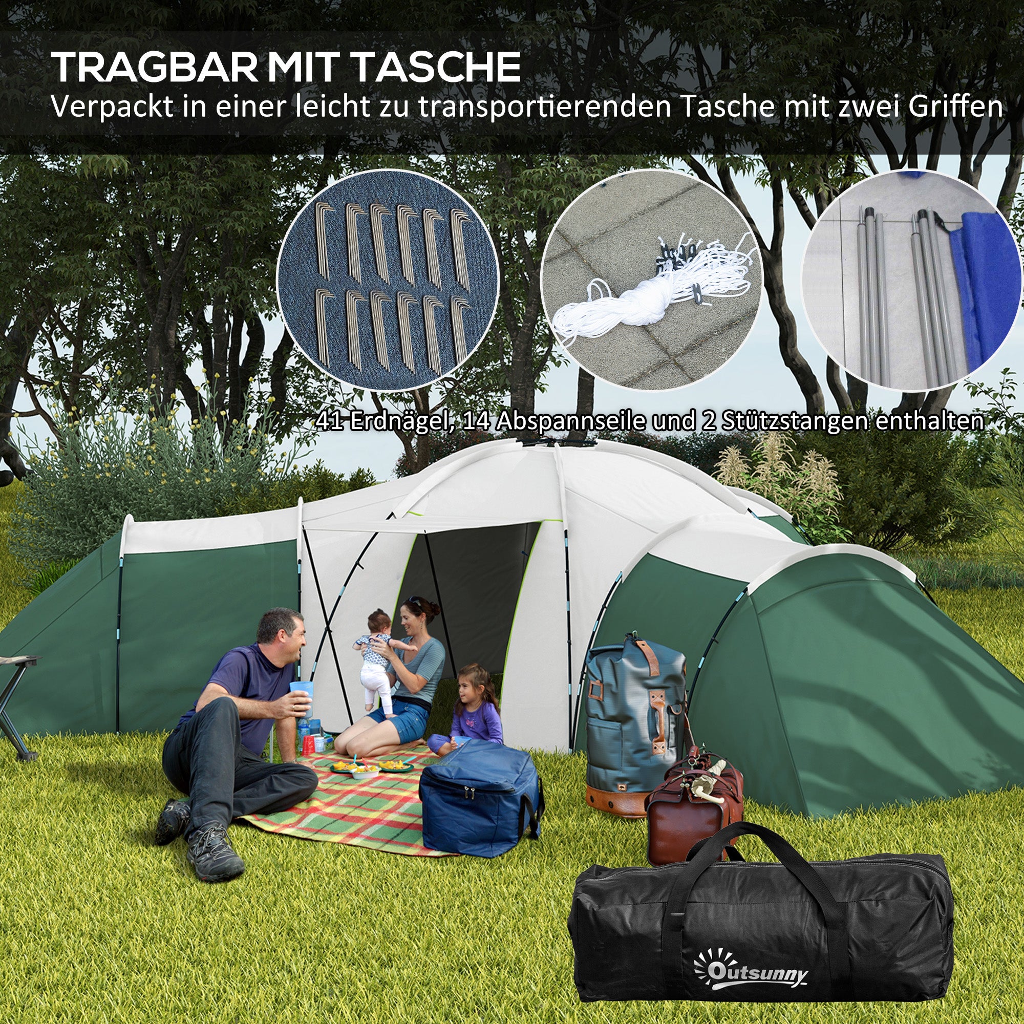 Outsunny Campingzelt für 6-9 Personen, 4 Räume, Vorzelt, wasserdicht, 615x 615x225cm, Grün