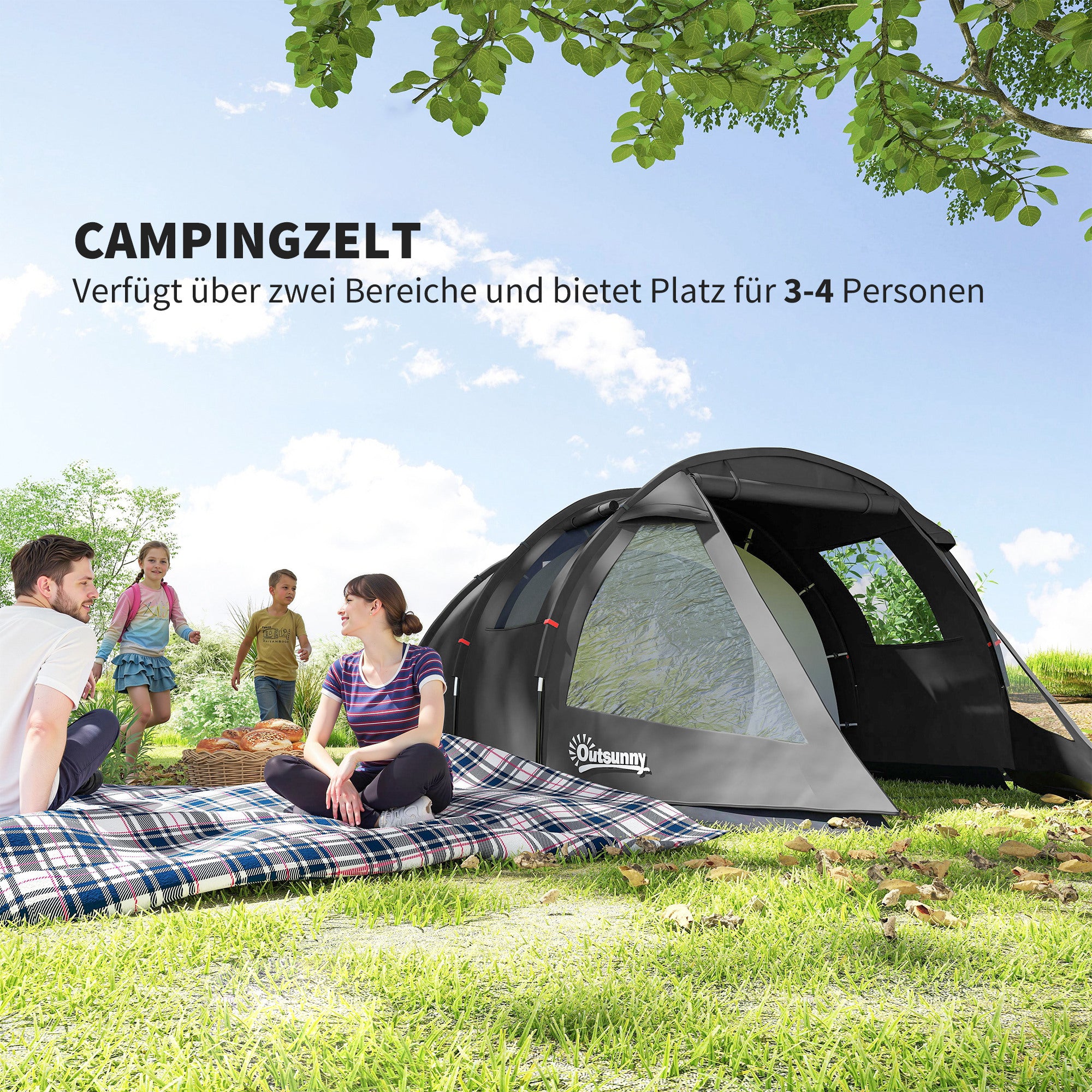 Outsunny Campingzelt Trekkingzelt Zelt, wetterbeständig, 2 Räume, 475 x 264 cm Breite x 172, Schwarz