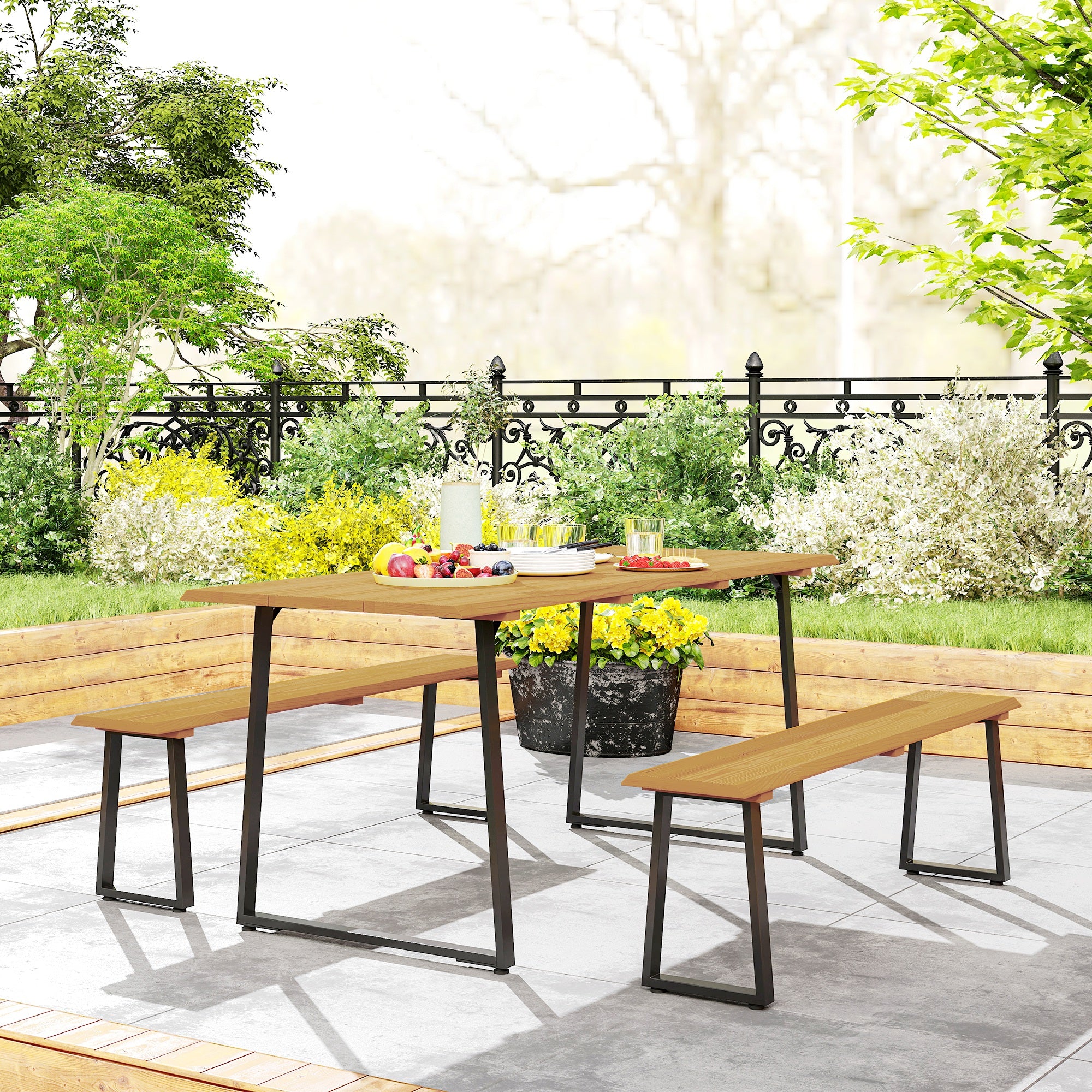 Outsunny Sitzgruppe 3-teilig Holz Essgruppe für 6 Personen Esstisch mit 2 Bänke Schirmloch Holztisch 178 x 76 x 77 cm Naturholz