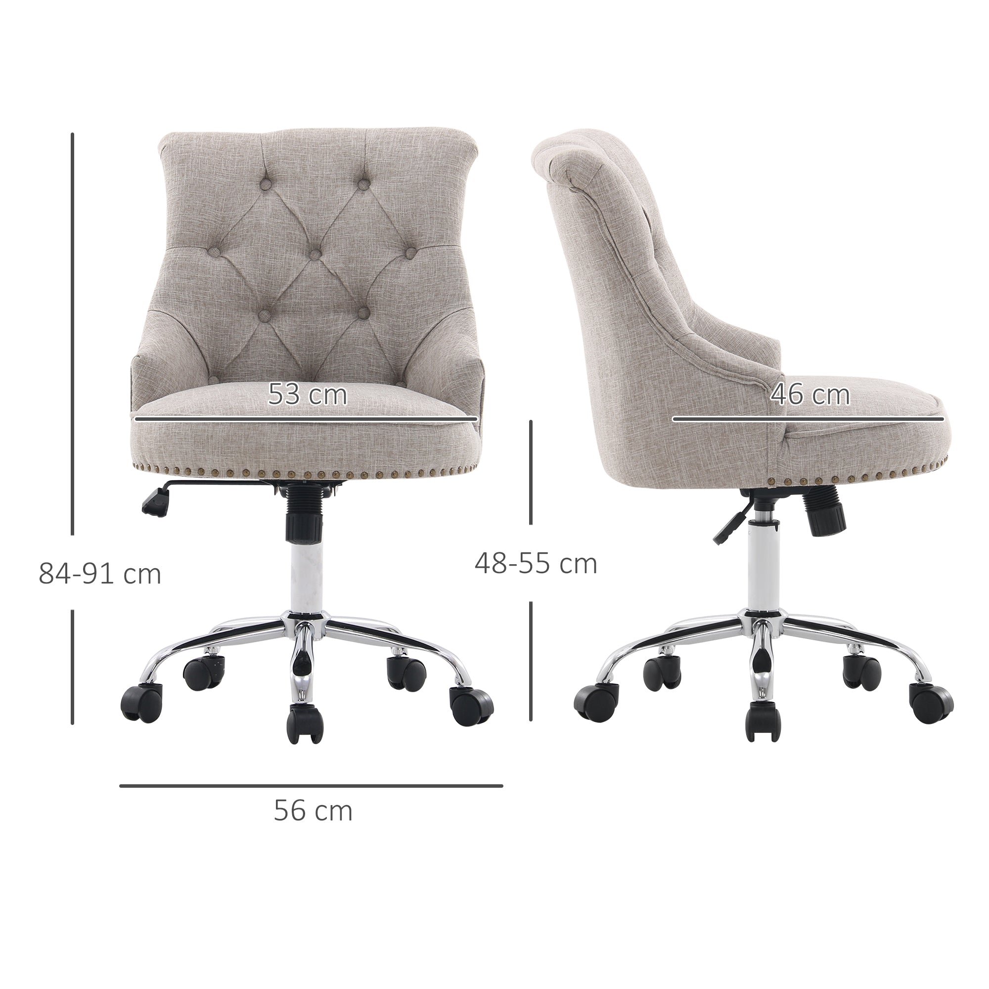 HOMCOM Drehstuhl mit Rollen Polsterstuhl Chefsessel 360° drehbar 150 kg Belastbar Höhenverstellbar Leinen Metall Hellgrau 54 x 65,5 x (84–91) cm