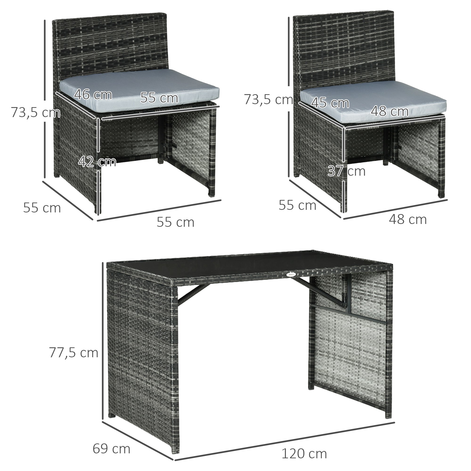 Outsunny Gartenmöbelset für 4 Personen, 4 Stühle & 1 Tisch, inkl. Sitzauflagen, Polyrattan, rostfreier Stahlrahmen, Grau