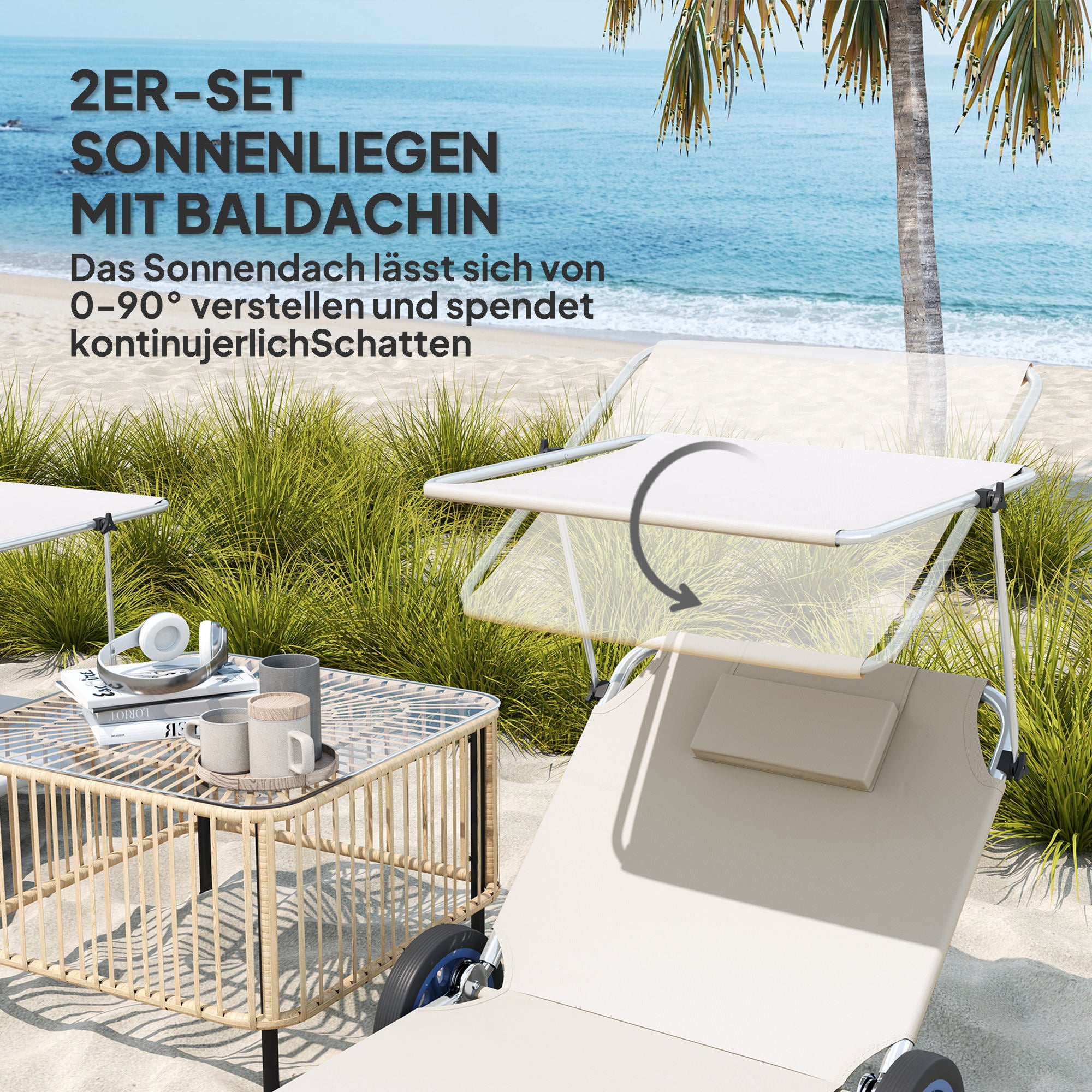 Outsunny Sonnenliege klappbar Gartenliege mit Kopfkissen Dach, Rolle Liegestuhl mit verstellbare Rückenlehne Beige