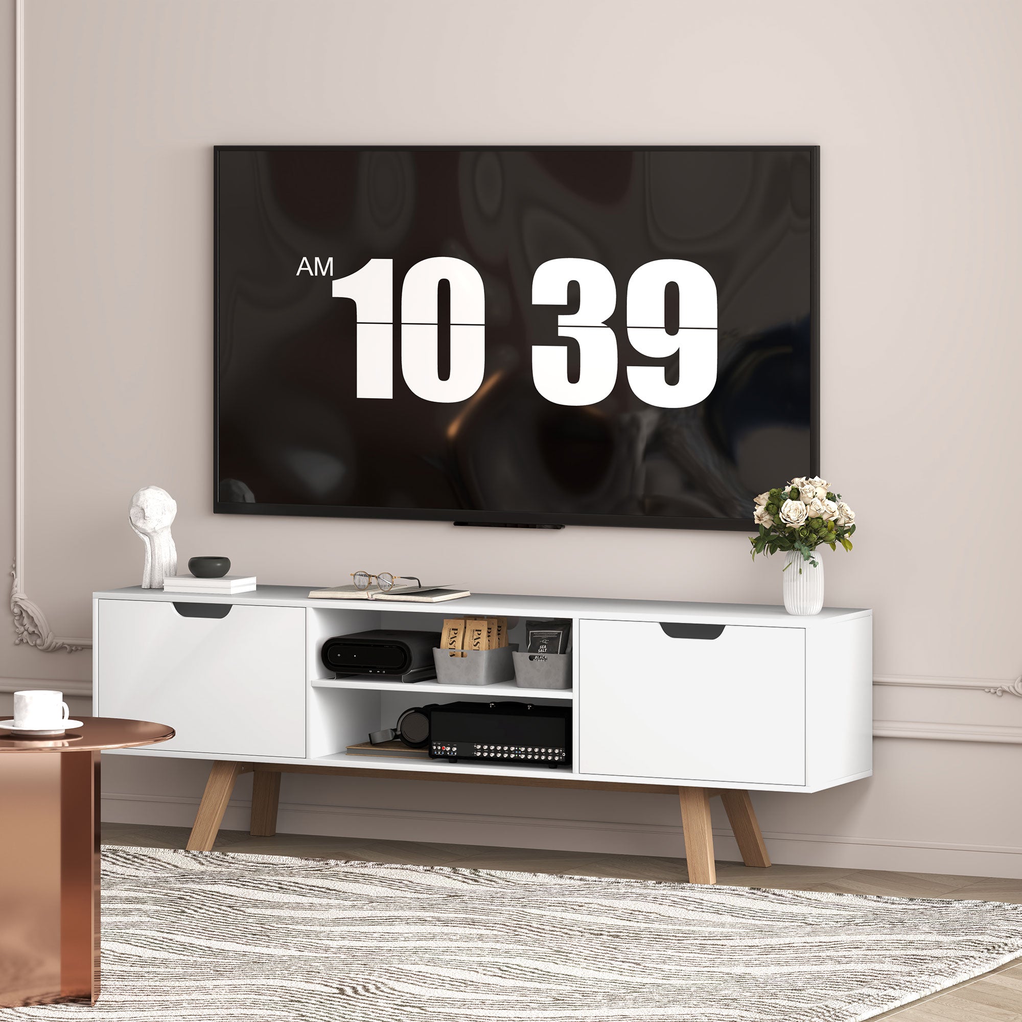 HOMCOM TV-Kommode mit Schubladen und offenen Regalen, MDF, 150 x 39 x 50 cm, Weiß