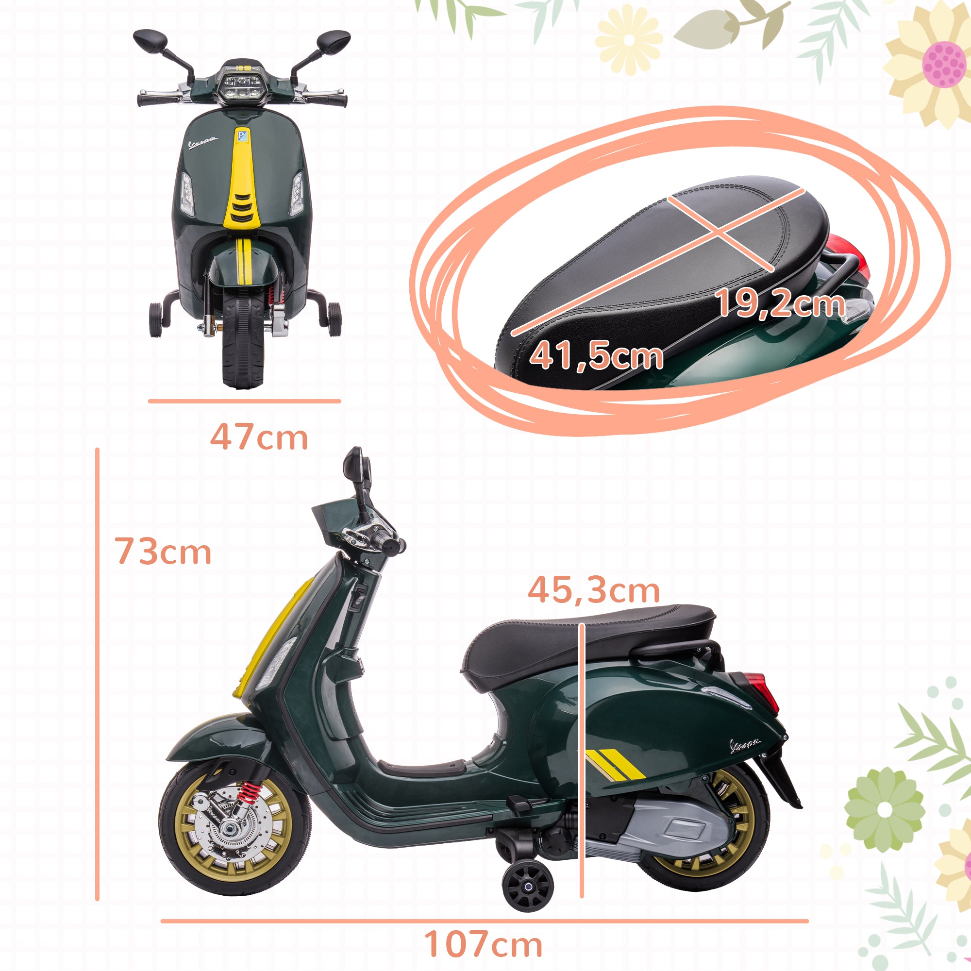 AIYAPLAY Elektro-Kindermotorrad, Vespa, 3 km/h, 3-6 Jahre, Musik, Licht & Radio, Dunkelgrün