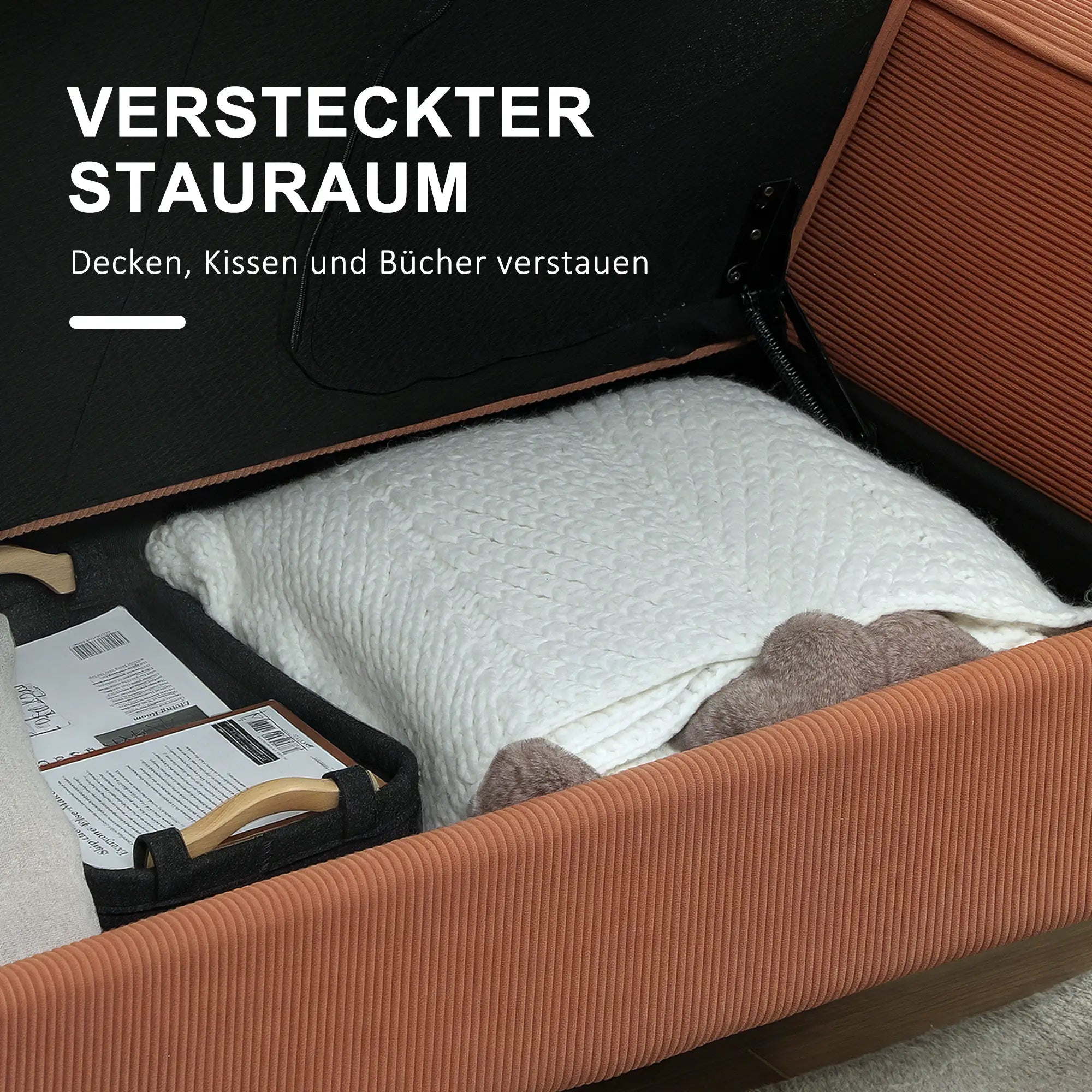 HOMCOM Zweisitzer-Sofa mit Stauraum und soliden Holzbeinen, für Wohnzimmer, Schlafzimmer, 117 x 63 x 79 cm, Orange