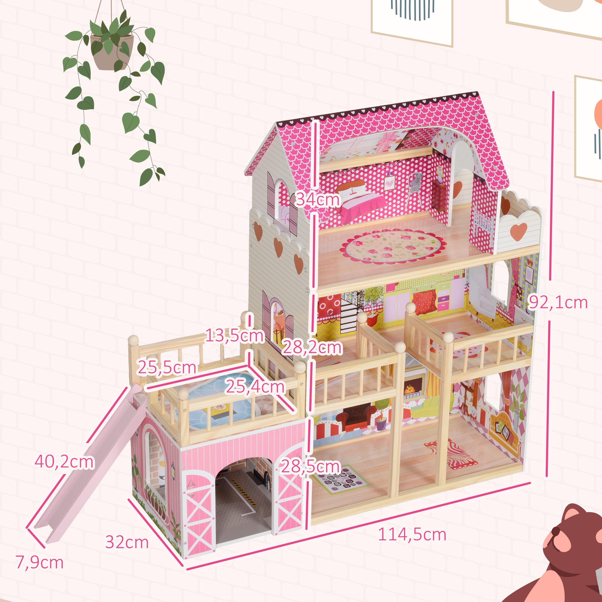 AIYAPLAY Puppenhaus, 3 Etagen, 13 Möbelstücke, Garage, Rutschen & Balkon, 114 x 32 x 92 cm, Rosa