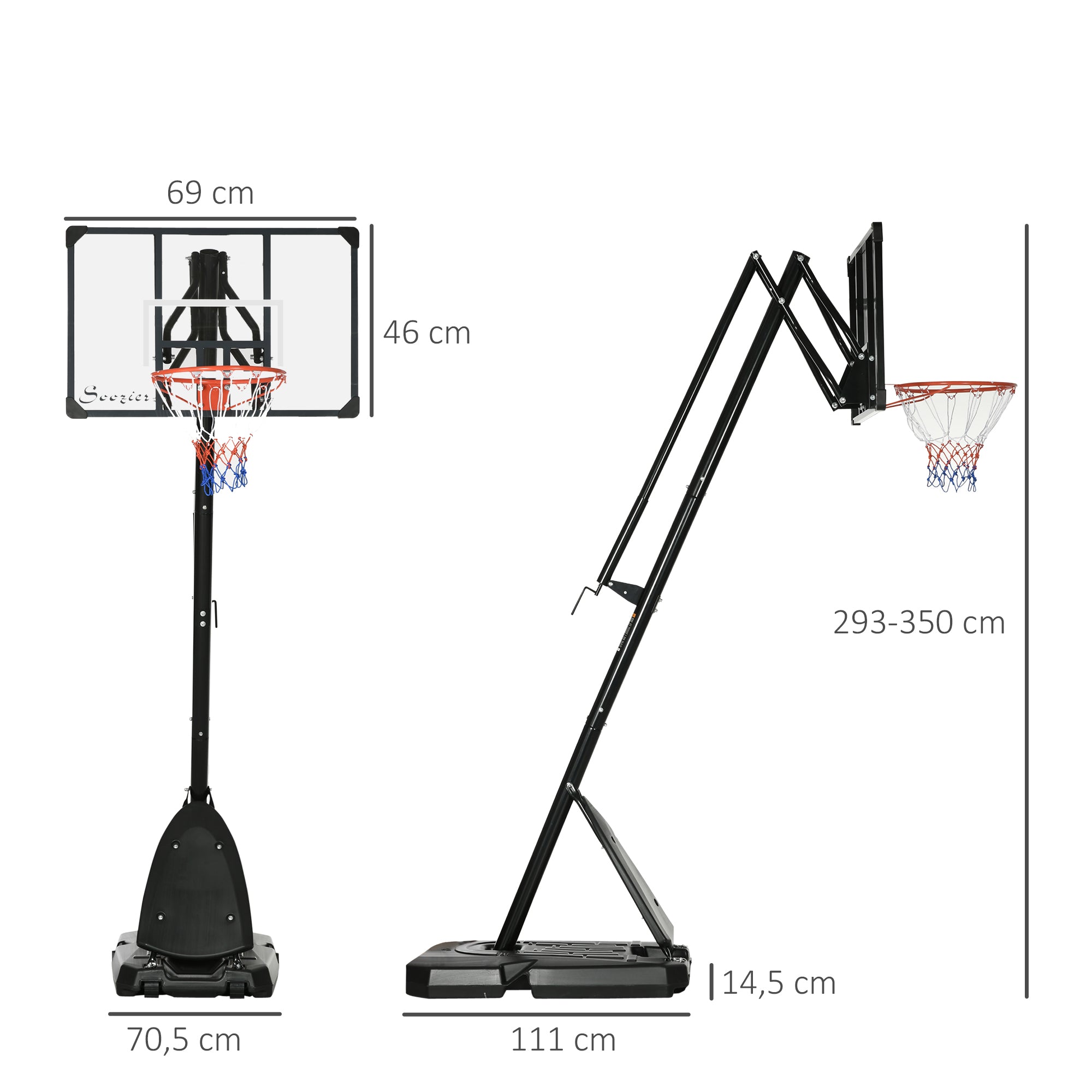 SPORTNOW Basketballständer, verstellbare Korbhöhe 2,3-2,9 m, untere Pralllatte, befüllbare Basis, rot+schwarz