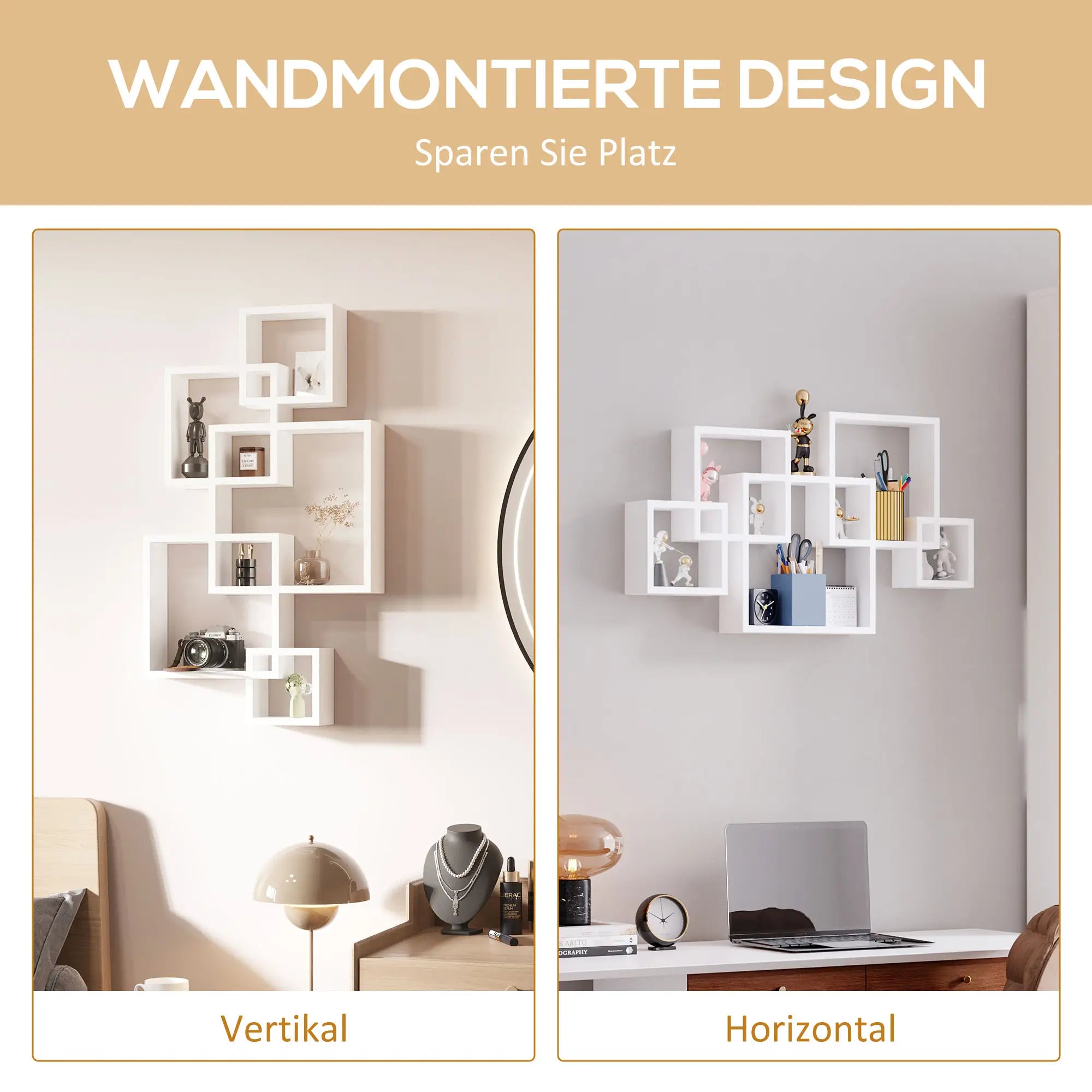 HOMCOM Wandregal, Schweberegal, 5 Regale, Massivholz, Weiß