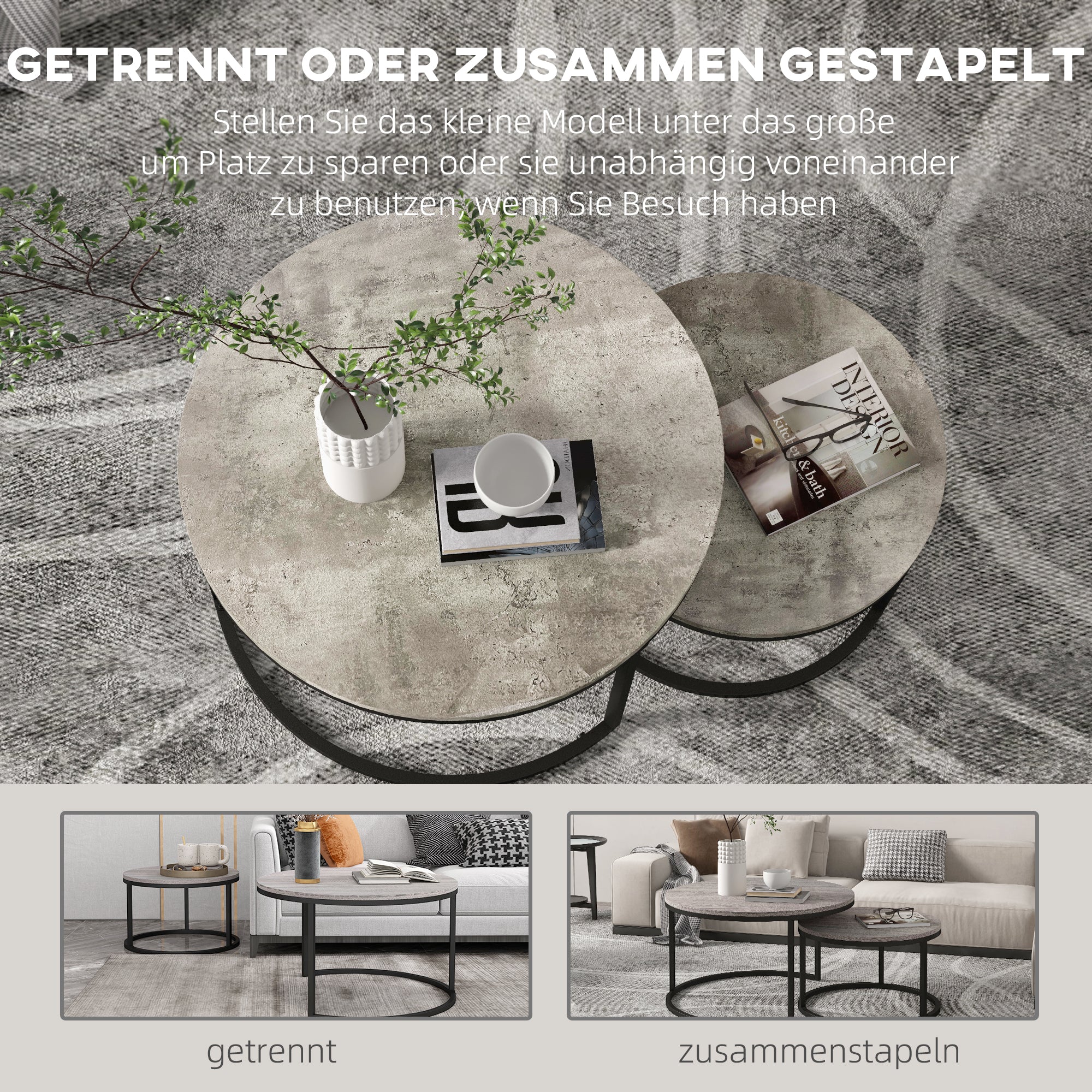 HOMCOM Couchtisch-Set, 2 runde Satztische, Industriedesign, Metallgestell, Marmoroptik/Grau