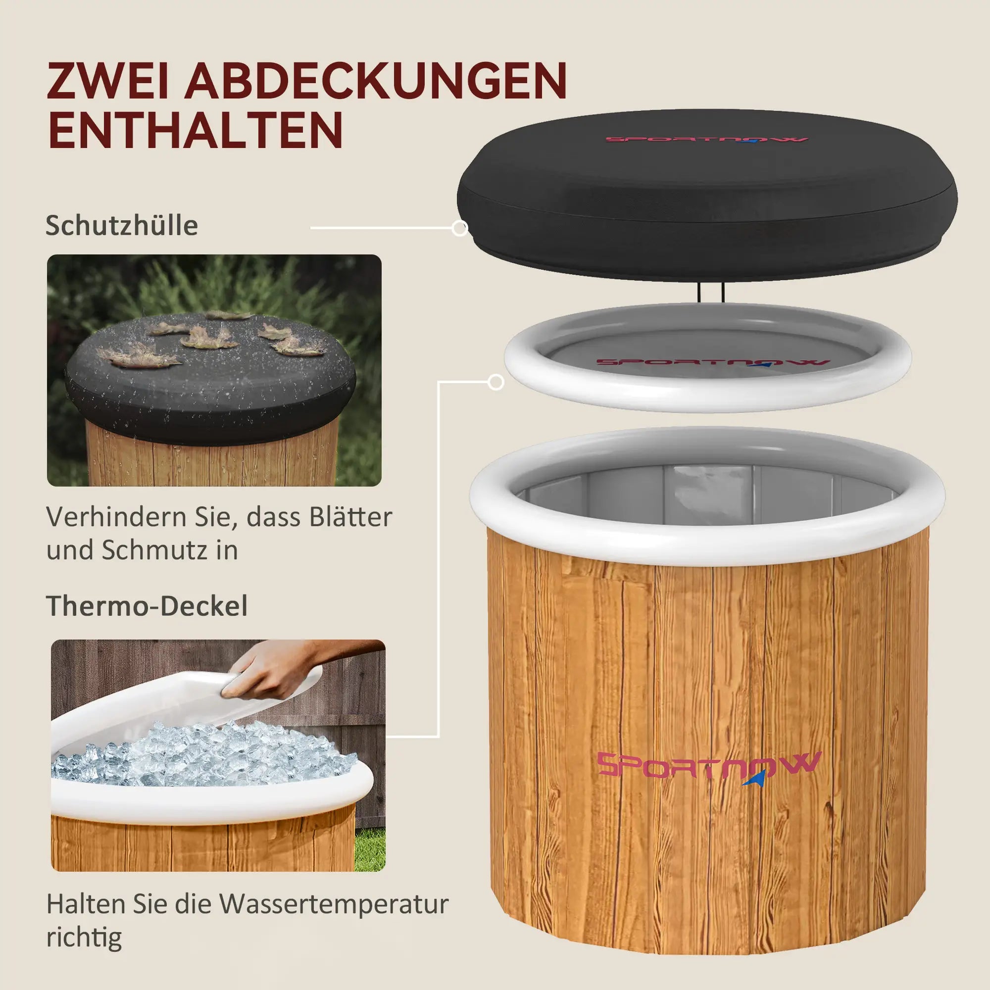 SPORTNOW Eisbadewanne, 300 Liter aufblasbare Eiswanne für Muskelentspannung mit Abdeckung, Tragetasche, Luftpumpe, Braun