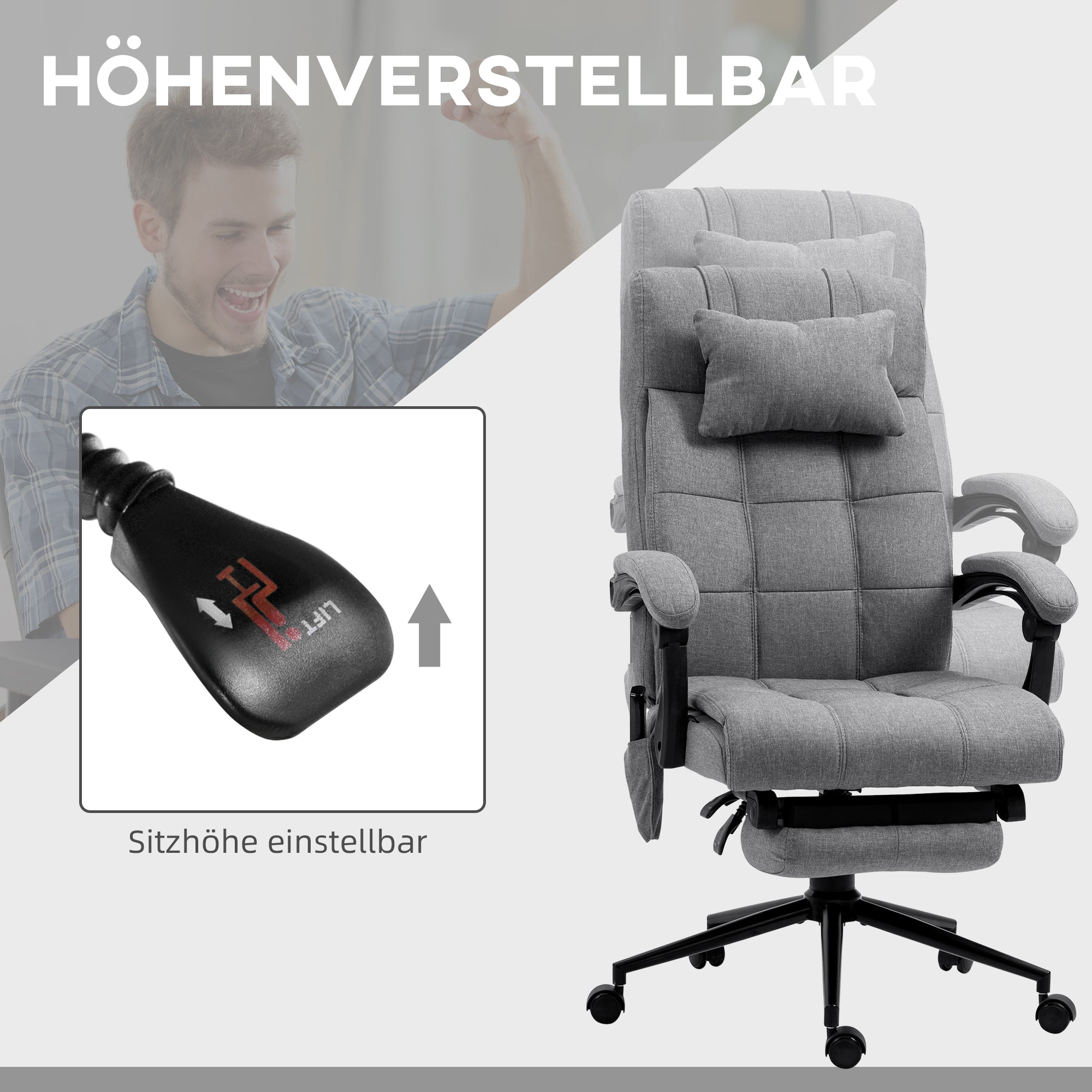 Vinsetto Bürostuhl mit Massagefunktion, ergonomisch, 66x76x112-120cm, Grau