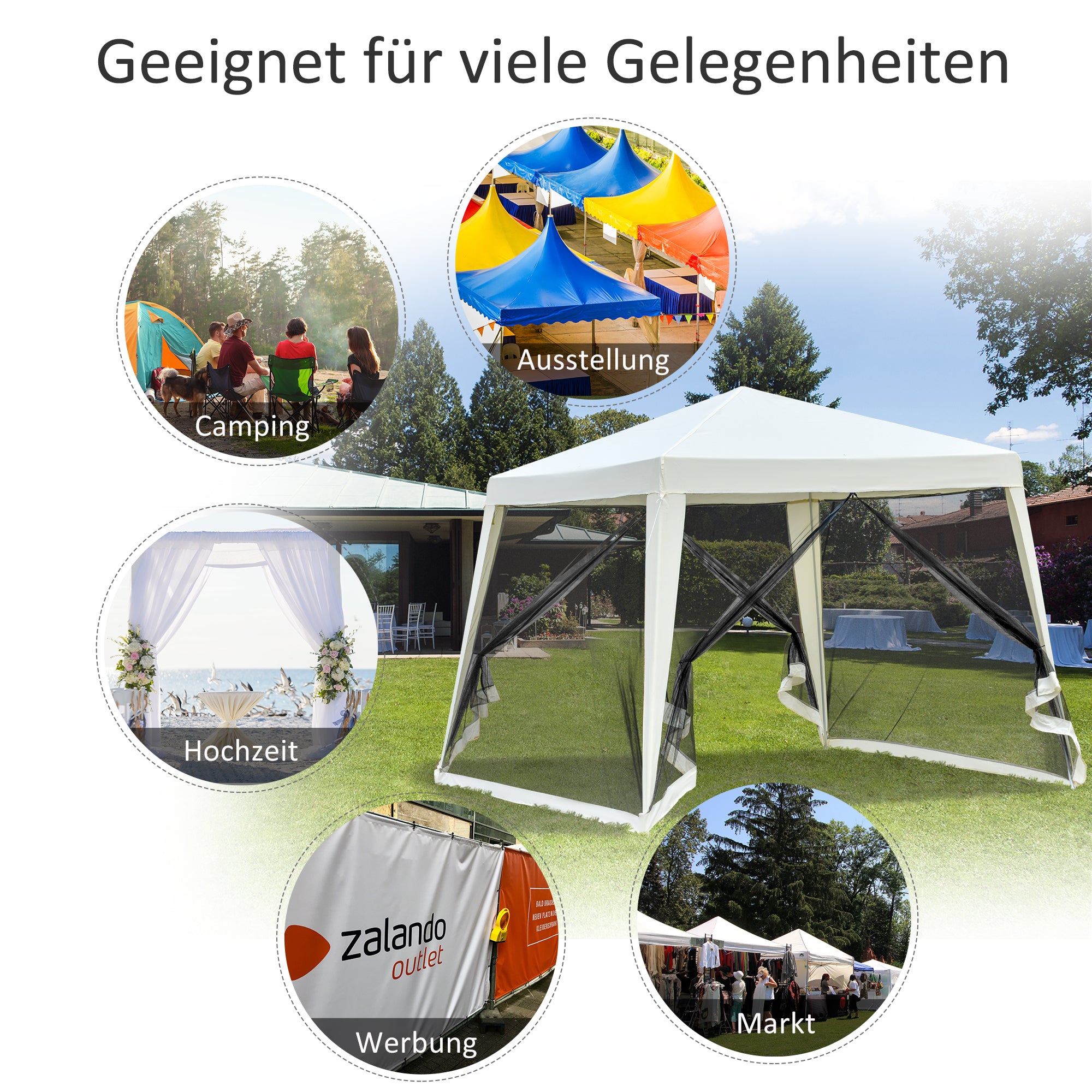 Outsunny Gartenpavillon Pavillon Festzelt Partyzelt wetterfest Zelt mit Moskitonetz Metall + Polyester Cremeweiß 3 x 3 m