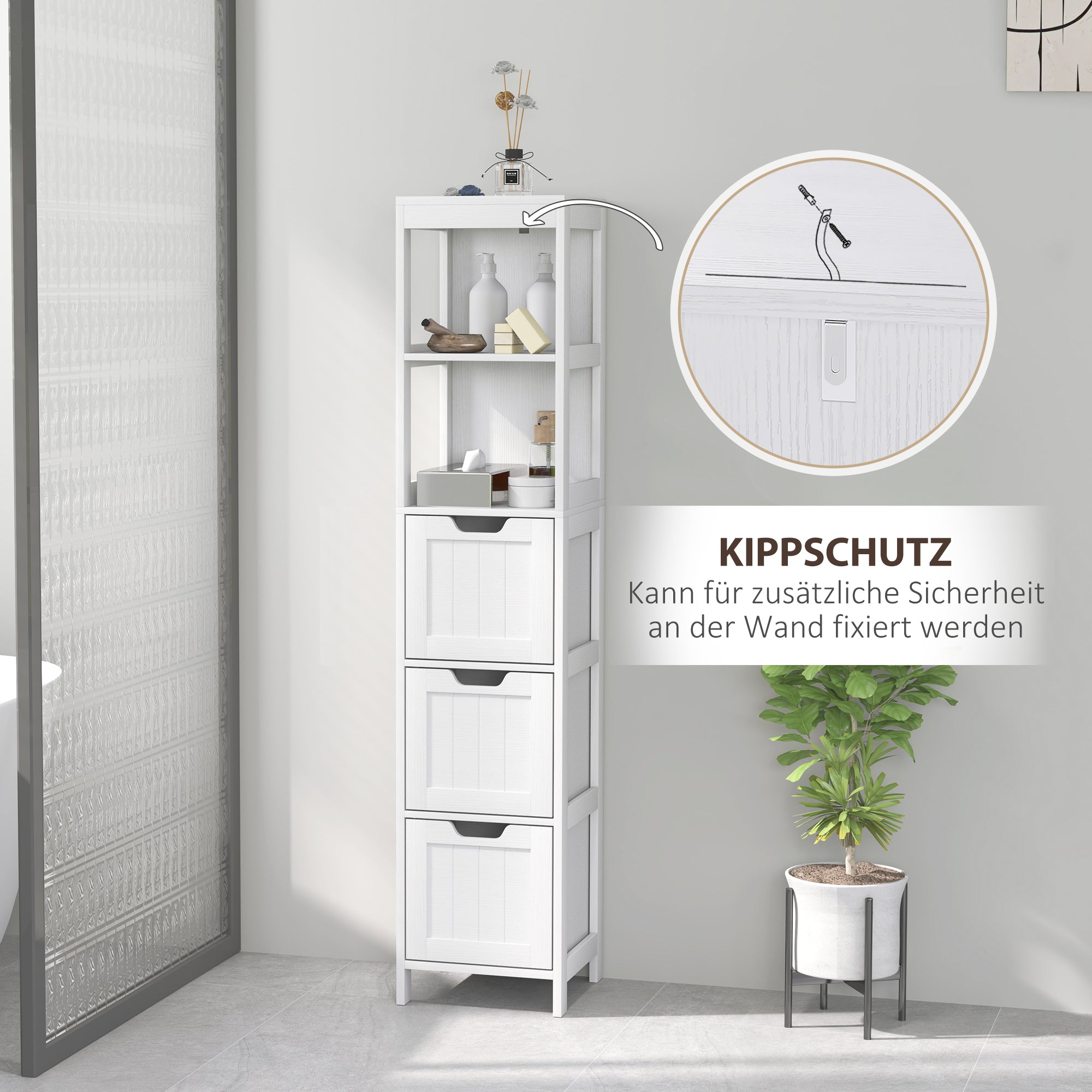 HOMCOM Badezimmerschrank, 2 Regale, 3 Schubladen, wasserabweisendes Material, Weiß
