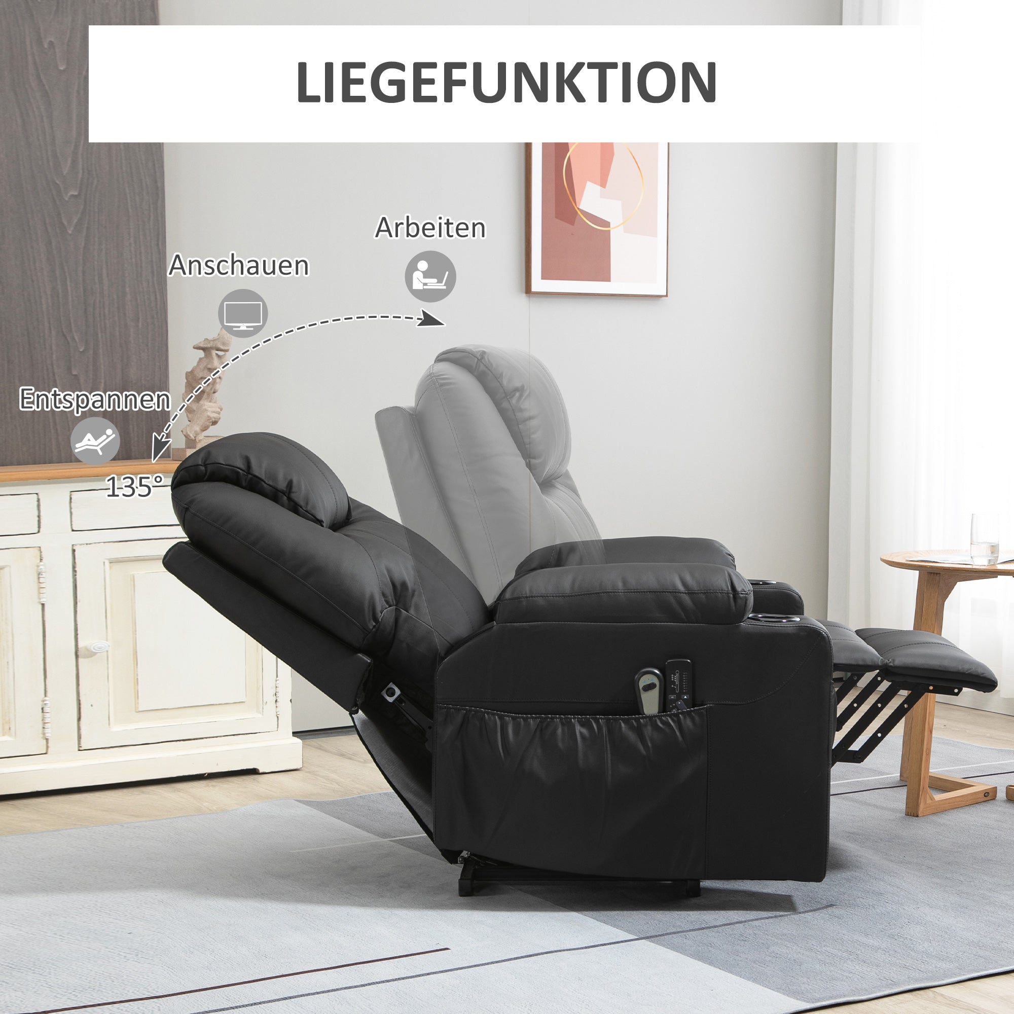 HOMCOM Aufstehsessel, Massagesessel, neigbare Rücklehne, 8 Massagemodi, elegantes Kunstleder, schwarz, 88 x 99 x 106cm