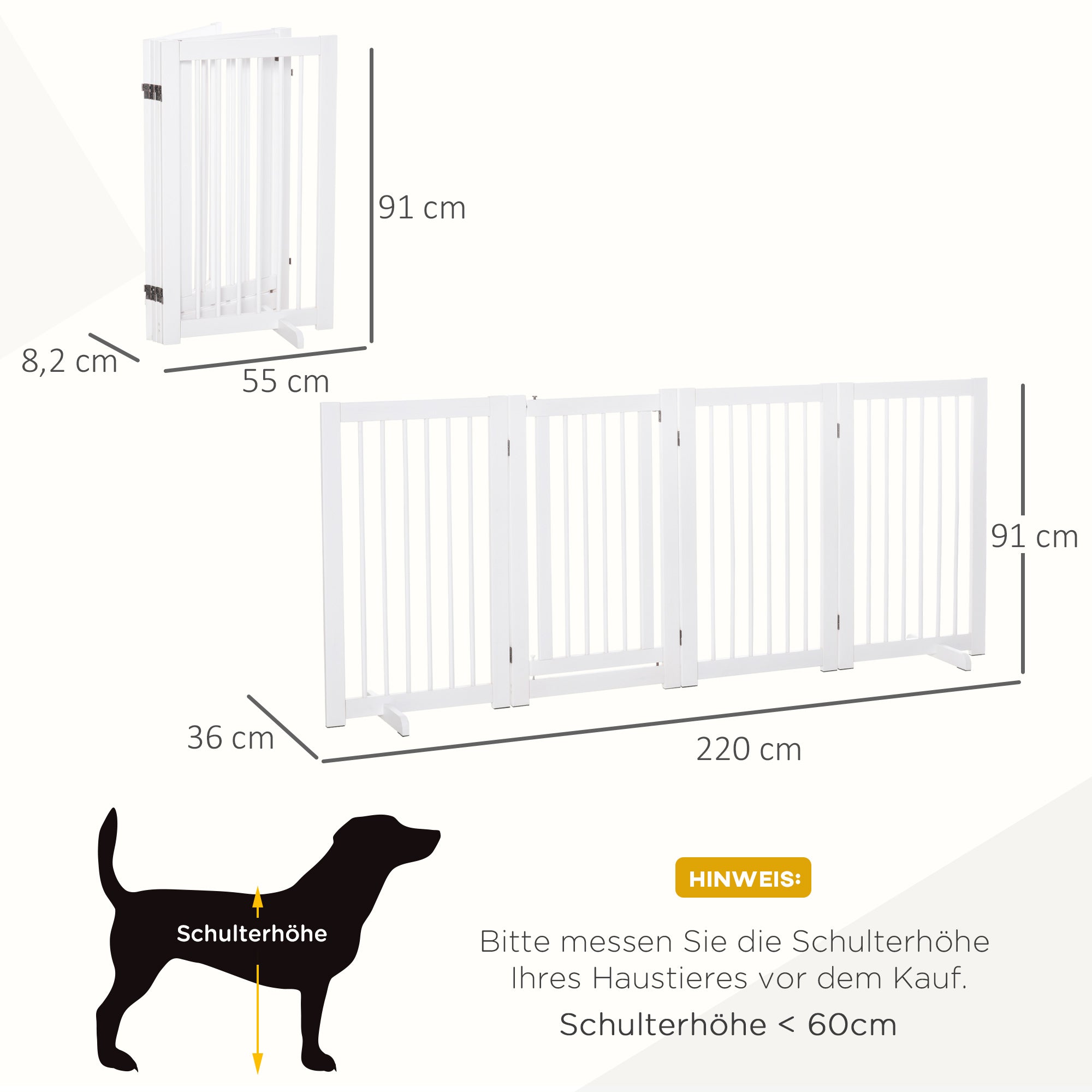 PawHut Absperrgitter Hund 4-teilig, 220 x 91 cm Faltbar Türschutzgitter mit Tür, Freistehend Hundegitter mit 2 Stützfüßen, Treppengitter aus Holz für Flur, Küche, Treppe, Weiß