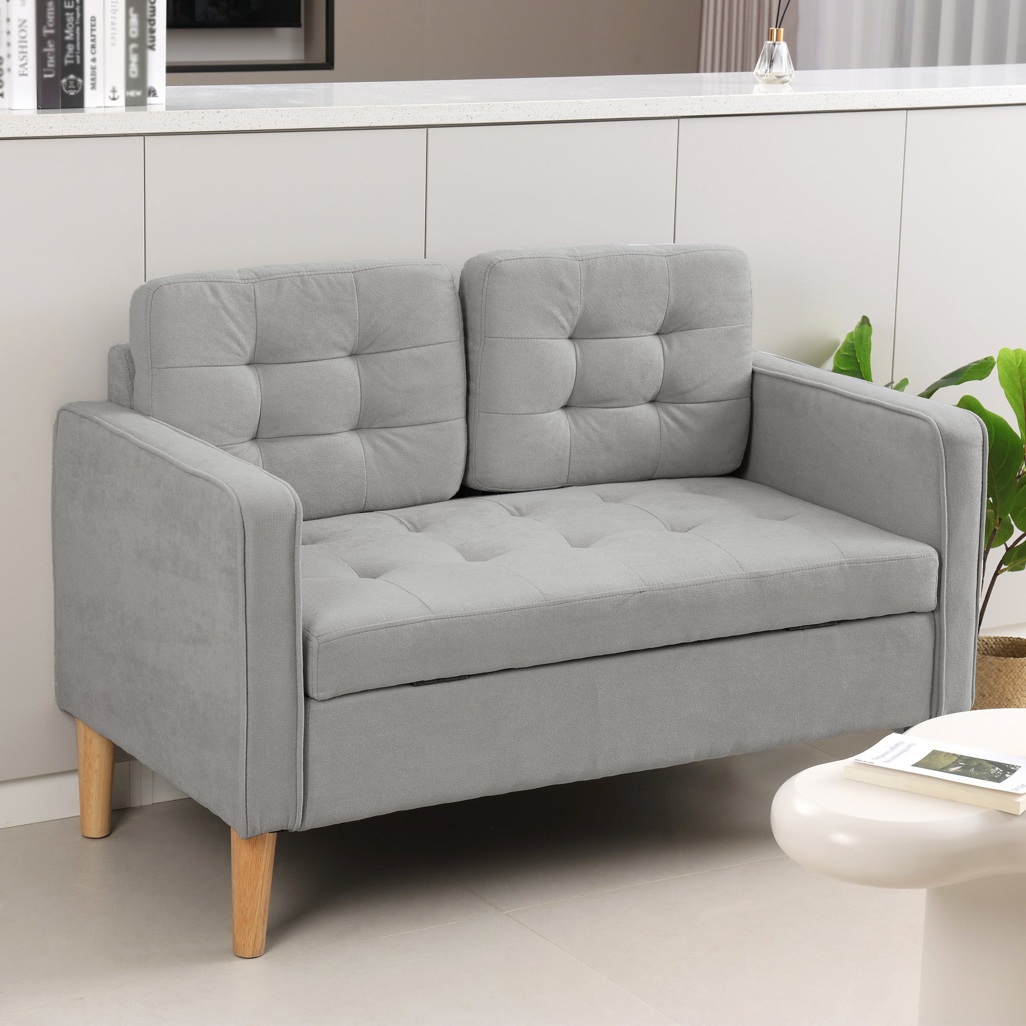 HOMCOM Zweisitzer-Sofa mit Stauraum, Knopfheftung, Kissen, Kautschukbaumholz, 117x62x78cm, Hellgrau