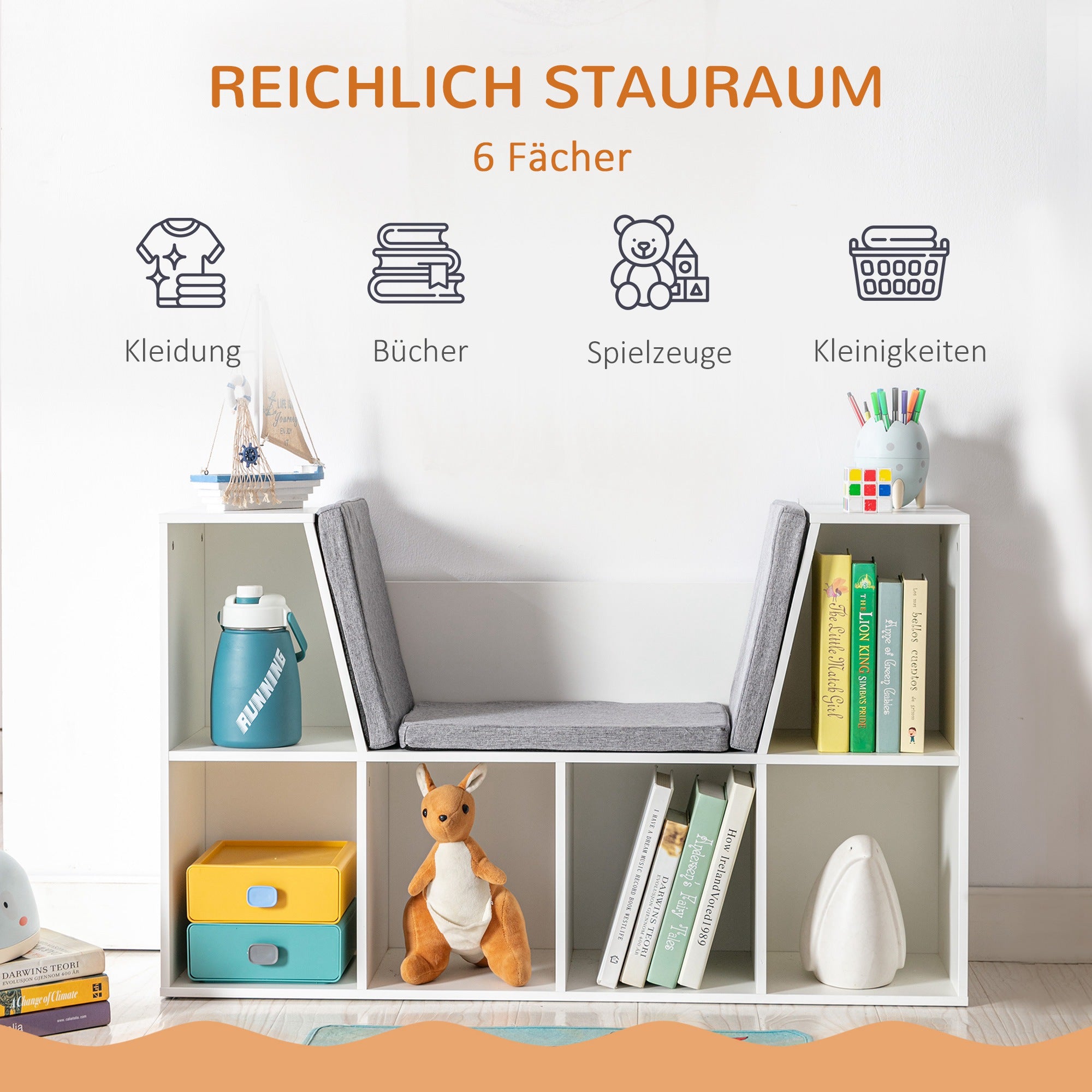 HOMCOM 2-in-1 Kinderregal Regal + Sitzbank inkl. Polster 103 cm × 30 cm × 62 cm Weiß + Grau