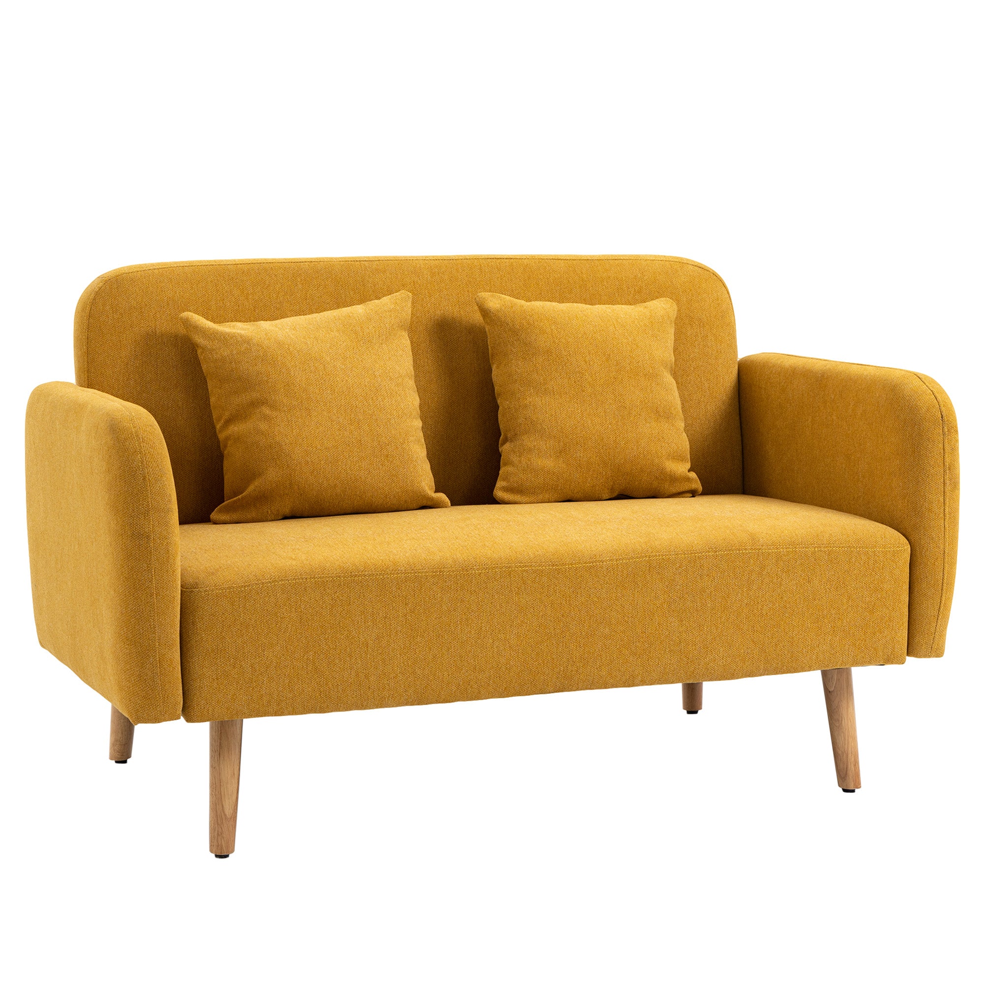 HOMCOM 2 Sitzer Sofa, Couch mit 2 Wurfkissen, gepolsterter Doppelsofa, Polstersofa mit Samtopik, Armlehne, Loveseat für Wohnzimmer, Schlafzimmer,  130 x 70 x 80 cm, Gelb