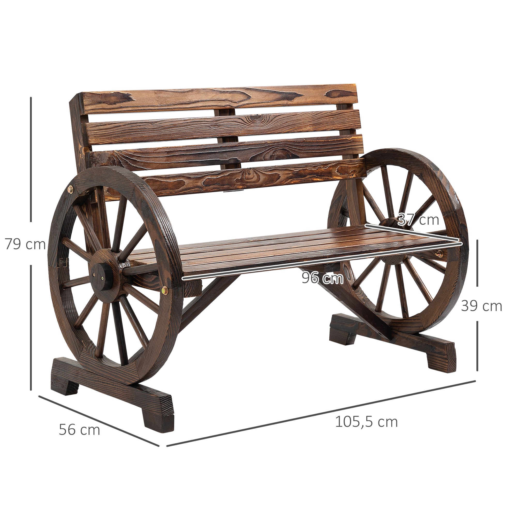 Outsunny Gartenbank, Wagenrad-Design, für 2 Personen, Naturholz, dunkelbraun, 105,5 x 56 x 79cm