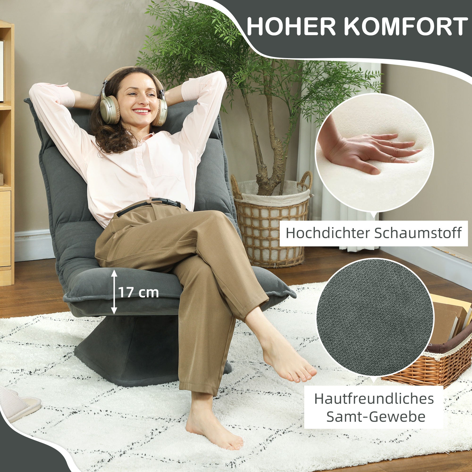 HOMCOM Bodensessel mit 5-fach verstellbarer Rückenlehne, drehbar, moderner Polsterstuhl, Dunkelgrau