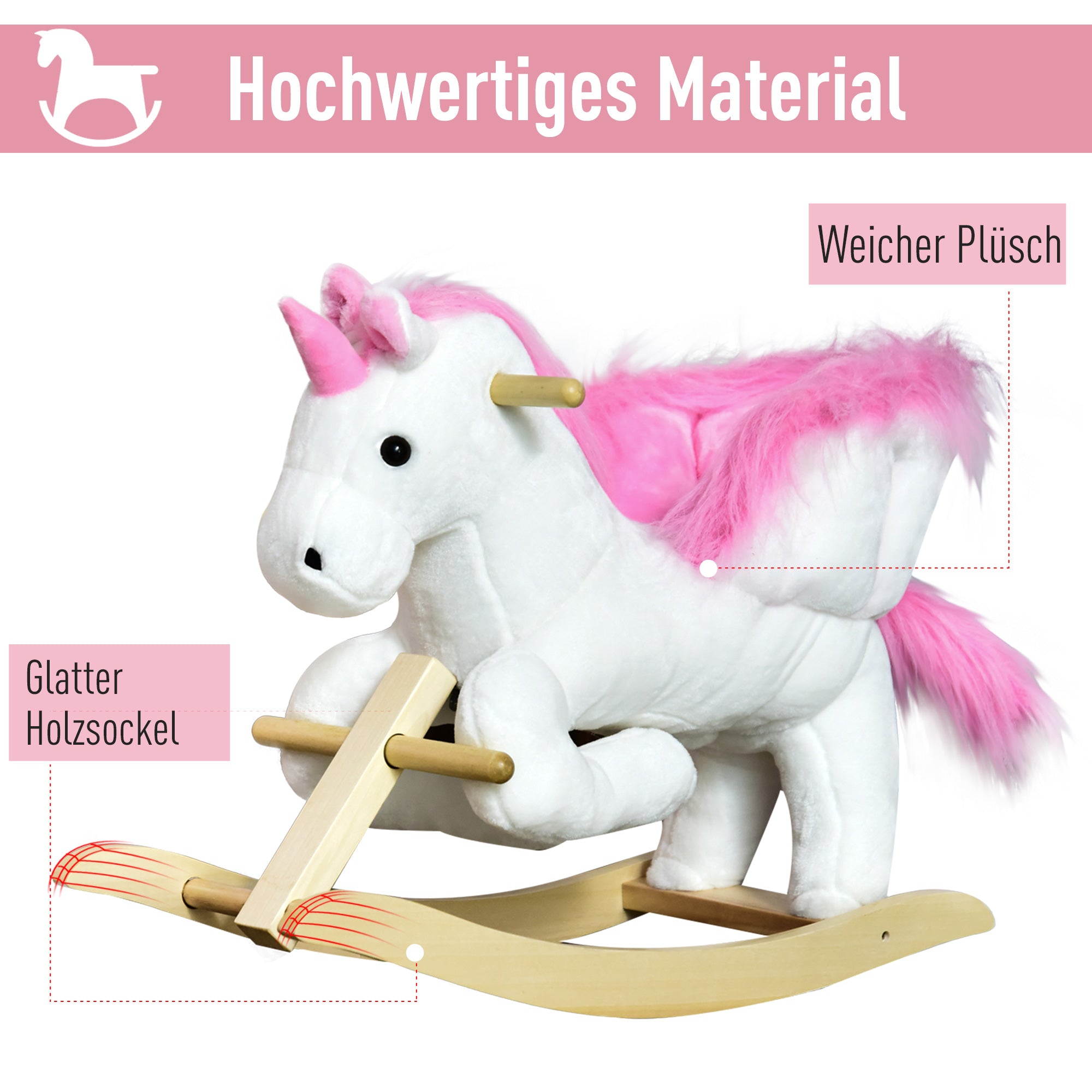 HOMCOM Schaukeltier Schaukeleinhorn mit Soundfunktion, Holzkufen und Griffen, Baby Schaukeltier mit Plüschoptik, für 1,5-3 Jahre Kinder