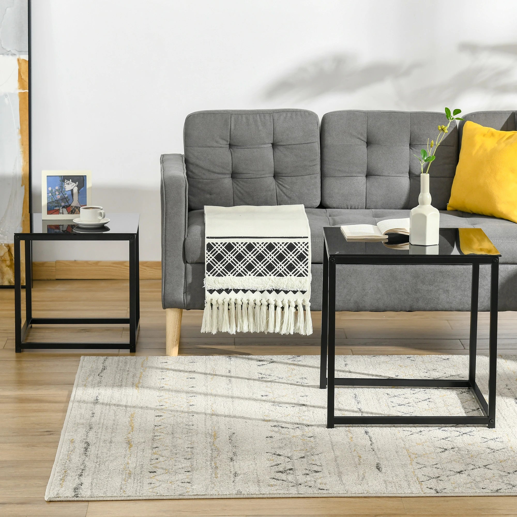 HOMCOM 2er-Set Beistelltische mit Glastischplatte, quadratisch, Schwarz