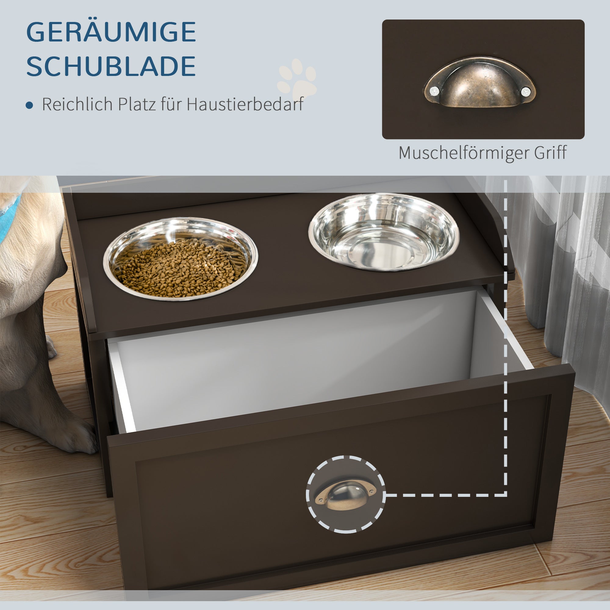 PawHut Futterstation Erhöhte Fressnäpfe 2 Fressnäpfe, 2 Edelstahlschalen, 1 Stauraum, 60 x 30 x36 cm, Braun