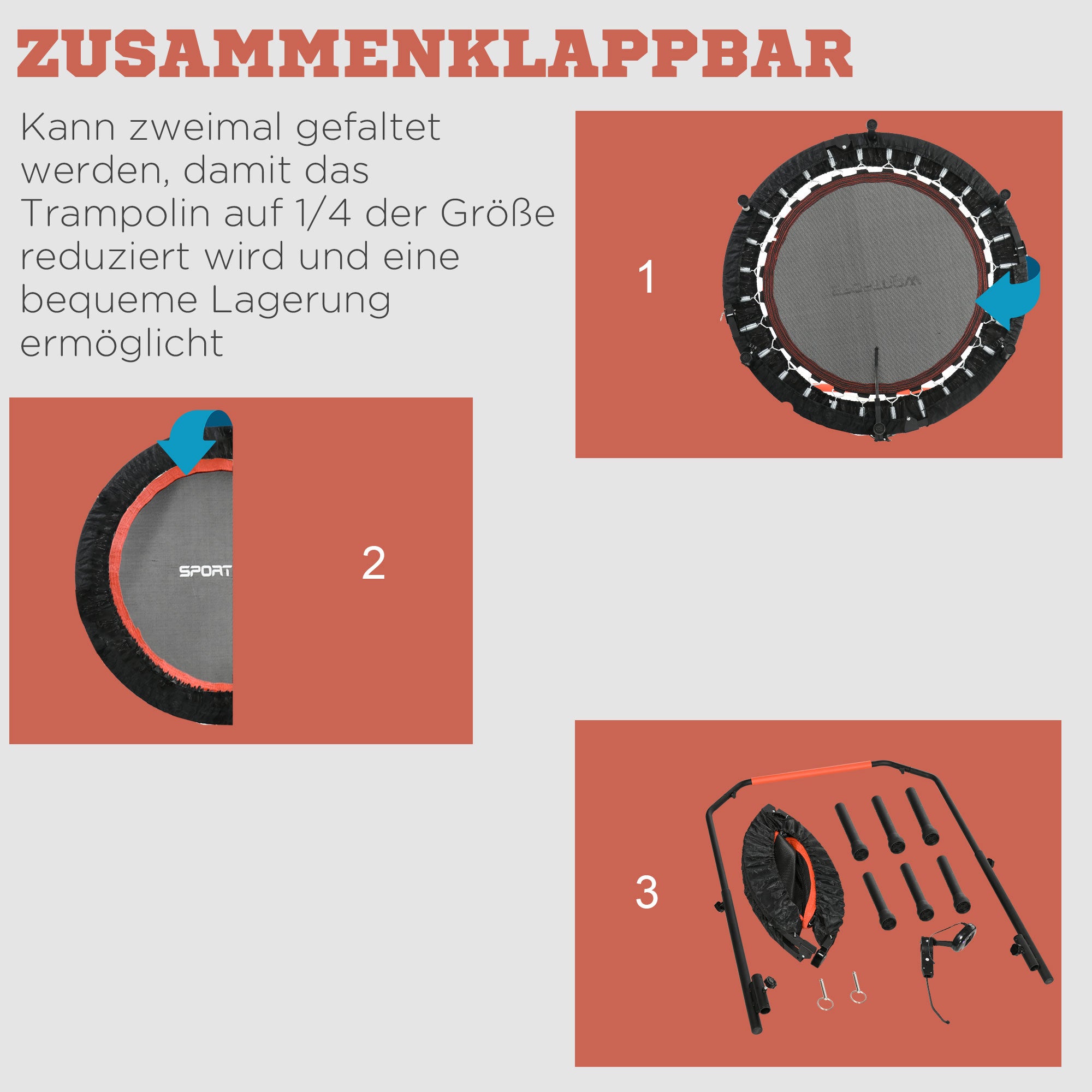 SPORTNOW Mini-Trampolin, mit höhenverstellbarem Haltegriff, LCD-Monitor, Stahl, schwarz+rot, Ø102 x 99-123cm