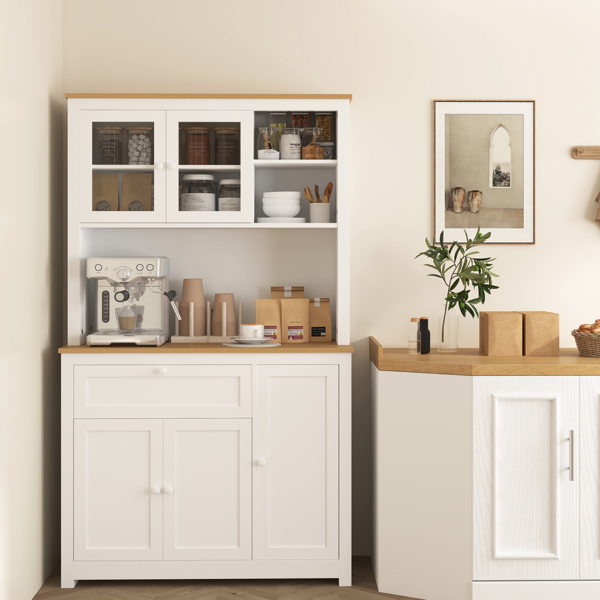 HOMCOM Küchenschrank im Landhausstil, 1 Vitrine, 1 offenes Regal, 1 Schublade, 2 Schränke, Natur + Weiß