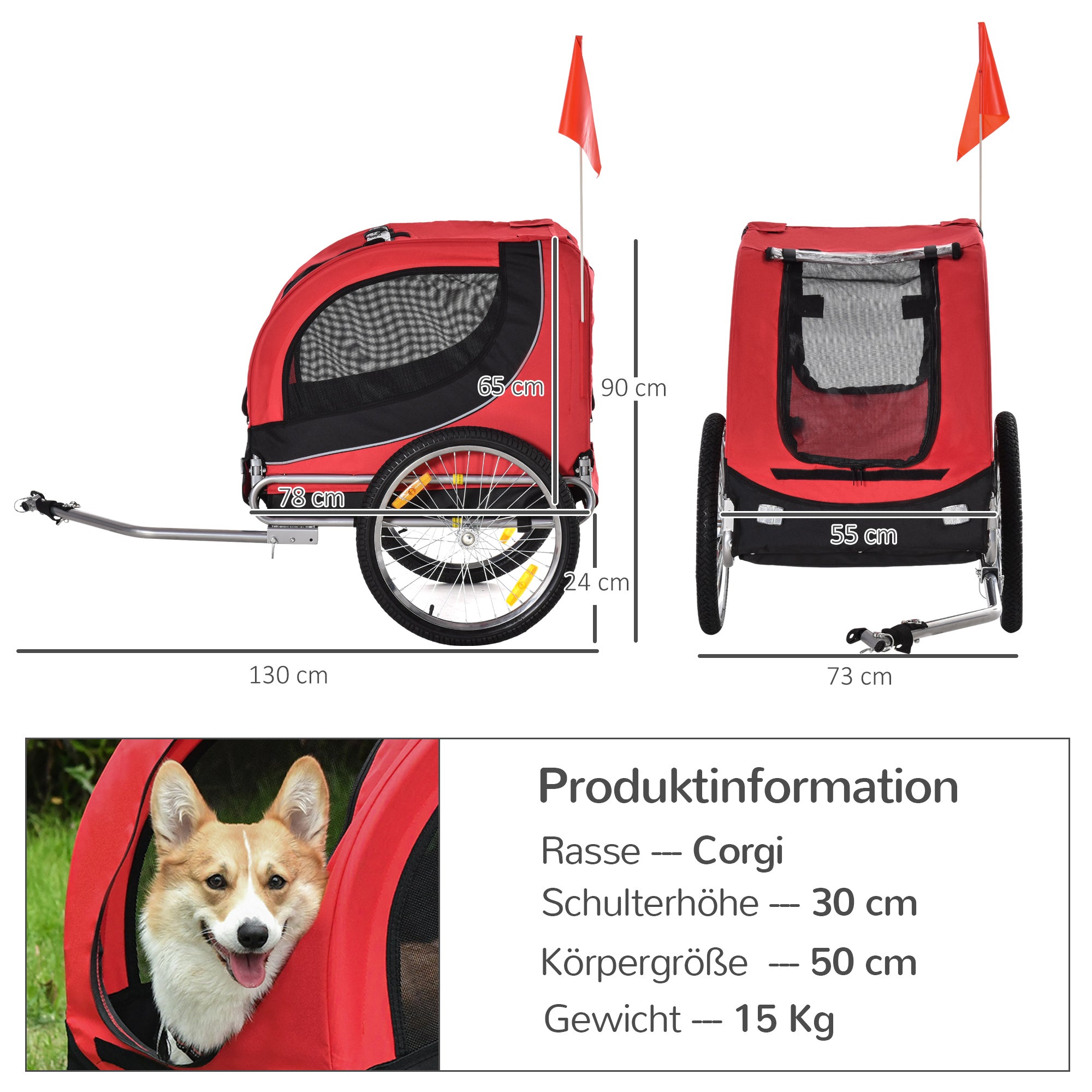 PawHut Fahrradanhänger Hundeanhänger bis 20 kg mit Universalkupplung Stahl Rot+Schwarz