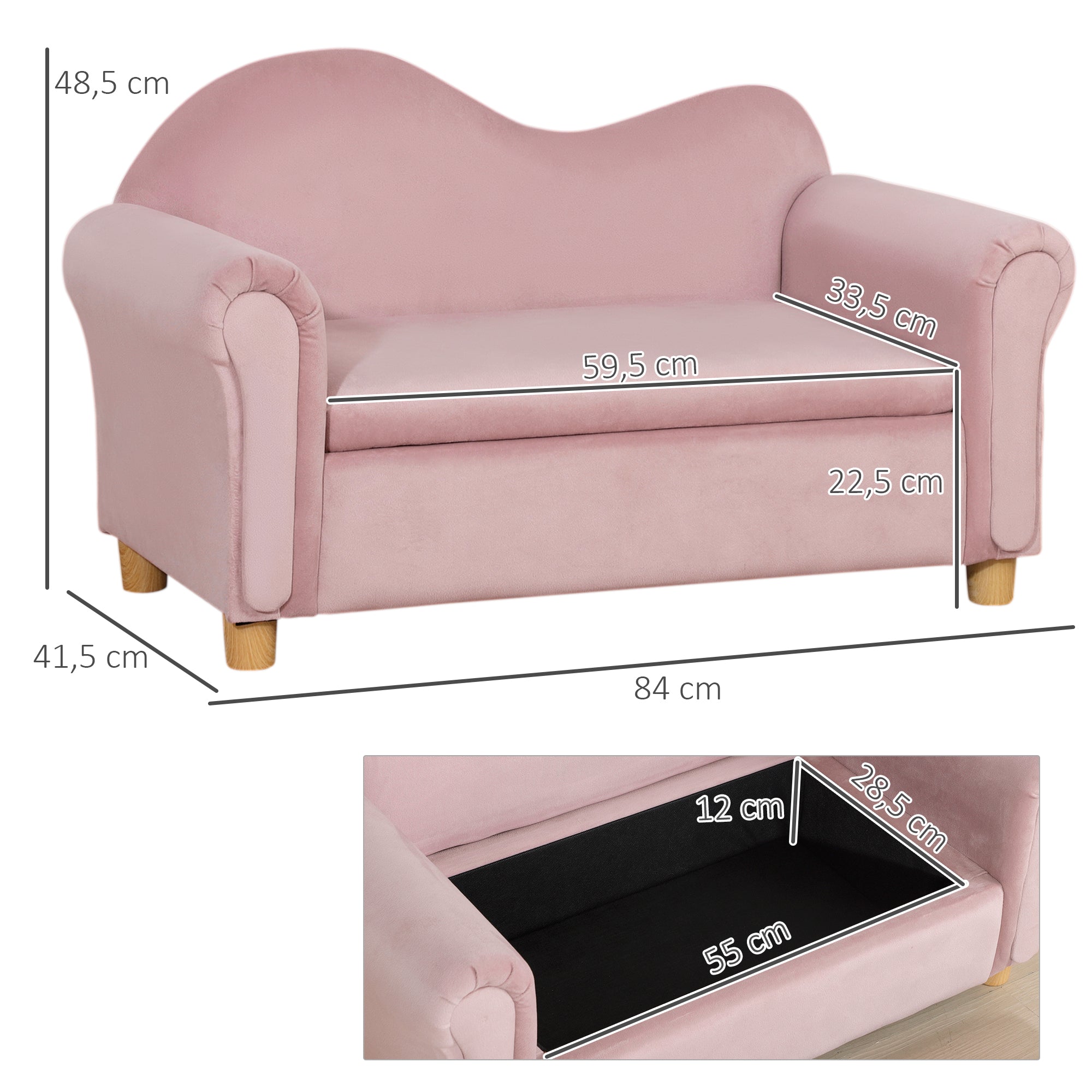 HOMCOM Kindersofa, Zweisitzer für Kinder 3-5 Jahre, Stauraum, Naturholzrahmen, 84 x 41,5 x 48,5cm, rosa