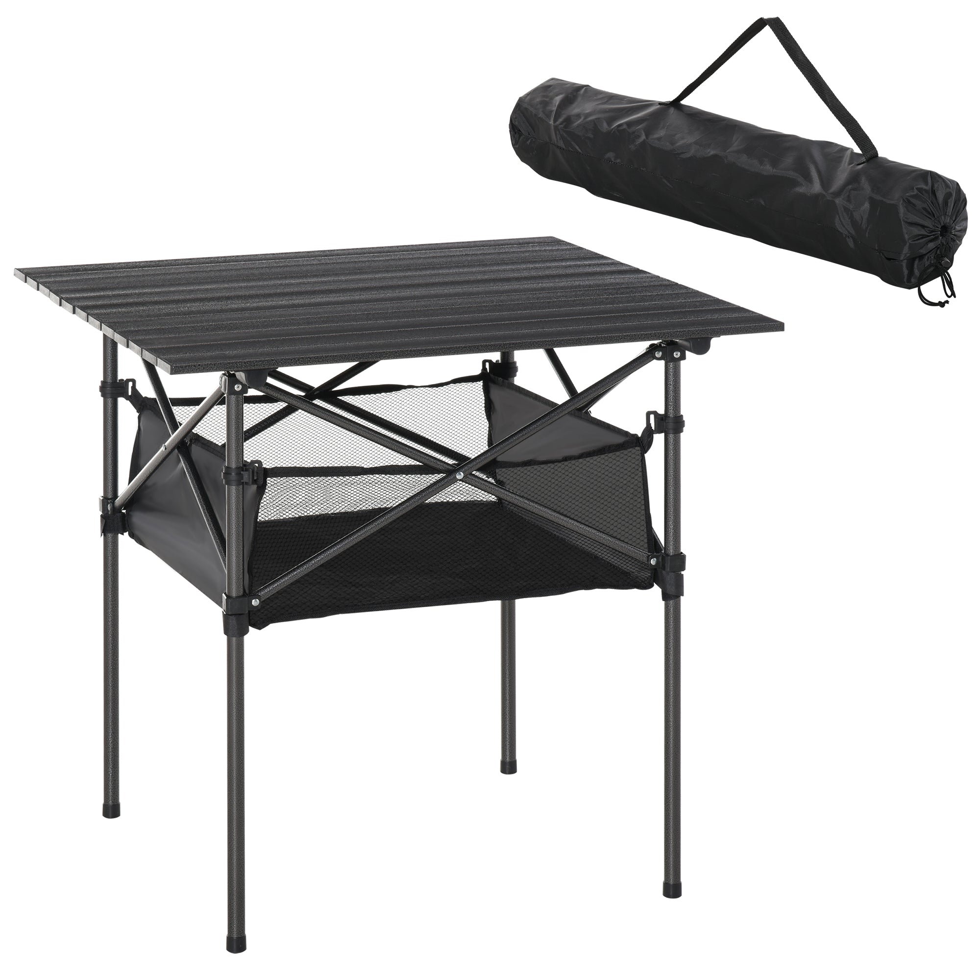 Outsunny Campingtisch aus Aluminium faltbar Klapptisch Falttisch mit Netztasche tragbarer Picknicktisch für Camping Garten Party Picknick Balkon Schwarz 70 x 70 x 69 cm