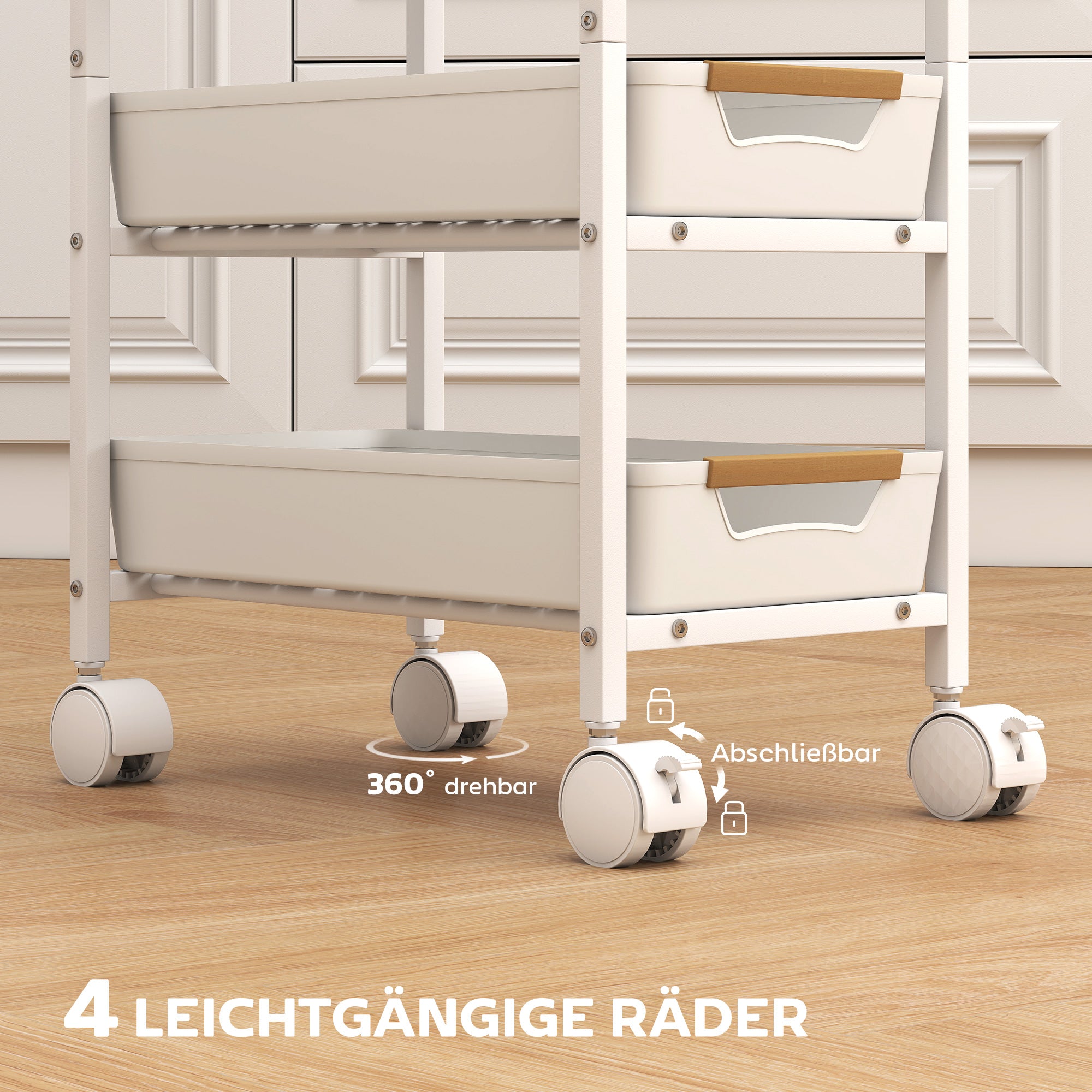 HOMCOM 5-stufiger Küchenwagen, Holzoptik, rollbar, Metallrahmen, 4 Schubladen, Weiß