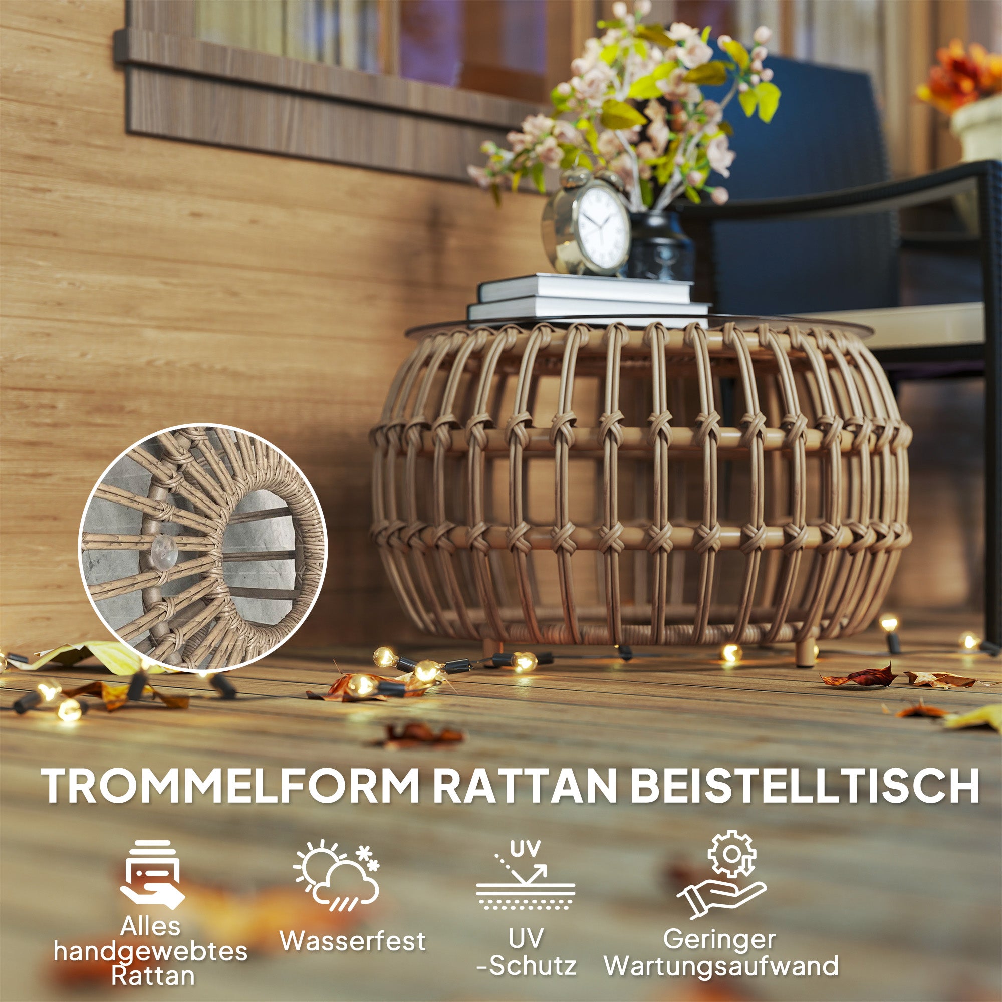 Outsunny 2er Set Beistelltisch Polyrattan Ø66/42 cm rund wetterfest Gartentisch mit Glasplatte Braun