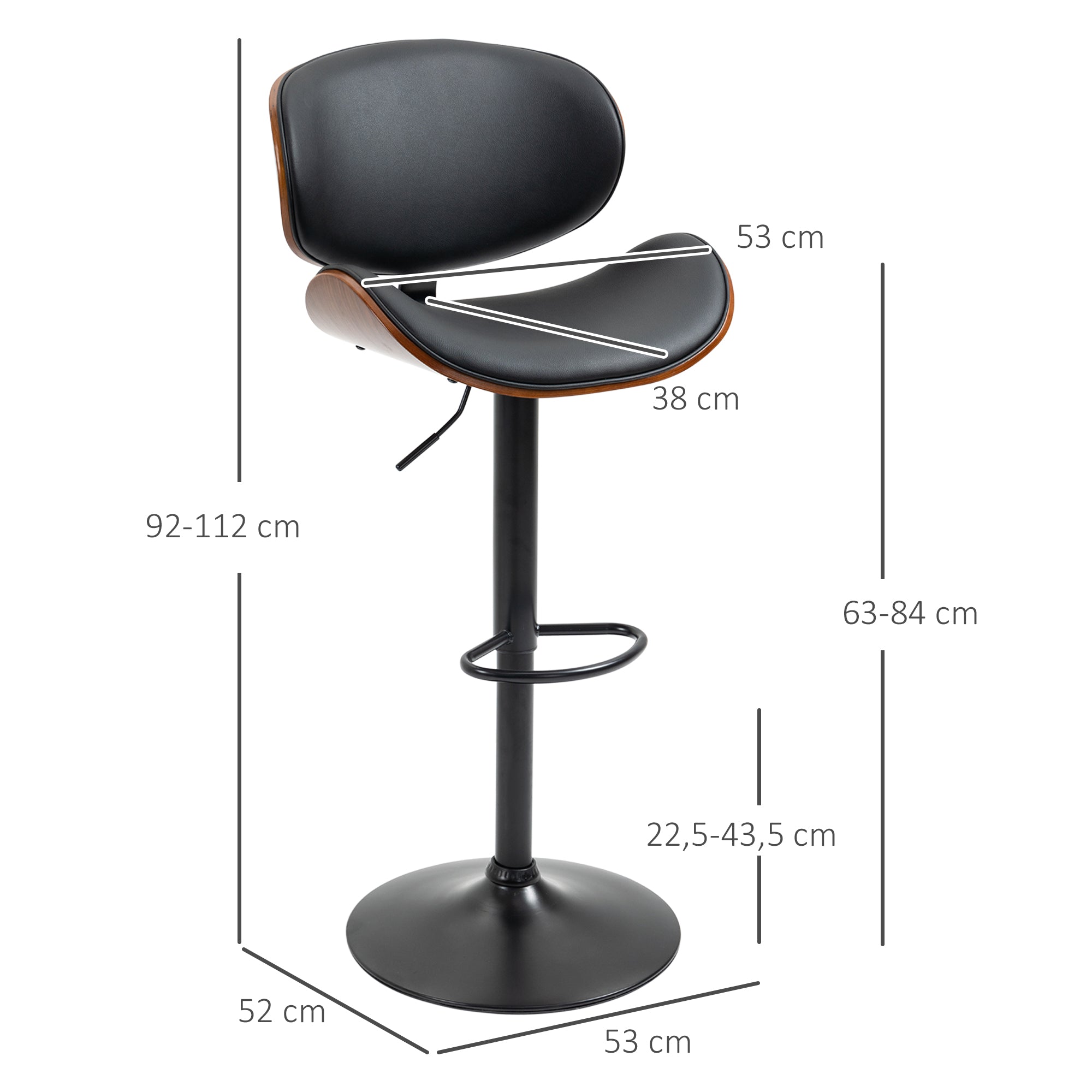 HOMCOM Barhocker-Set, höhenverstellbar, drehbar, Kunstleder, Stahlrahmen, schwarz, 53 x 50,5 x 112,5 cm