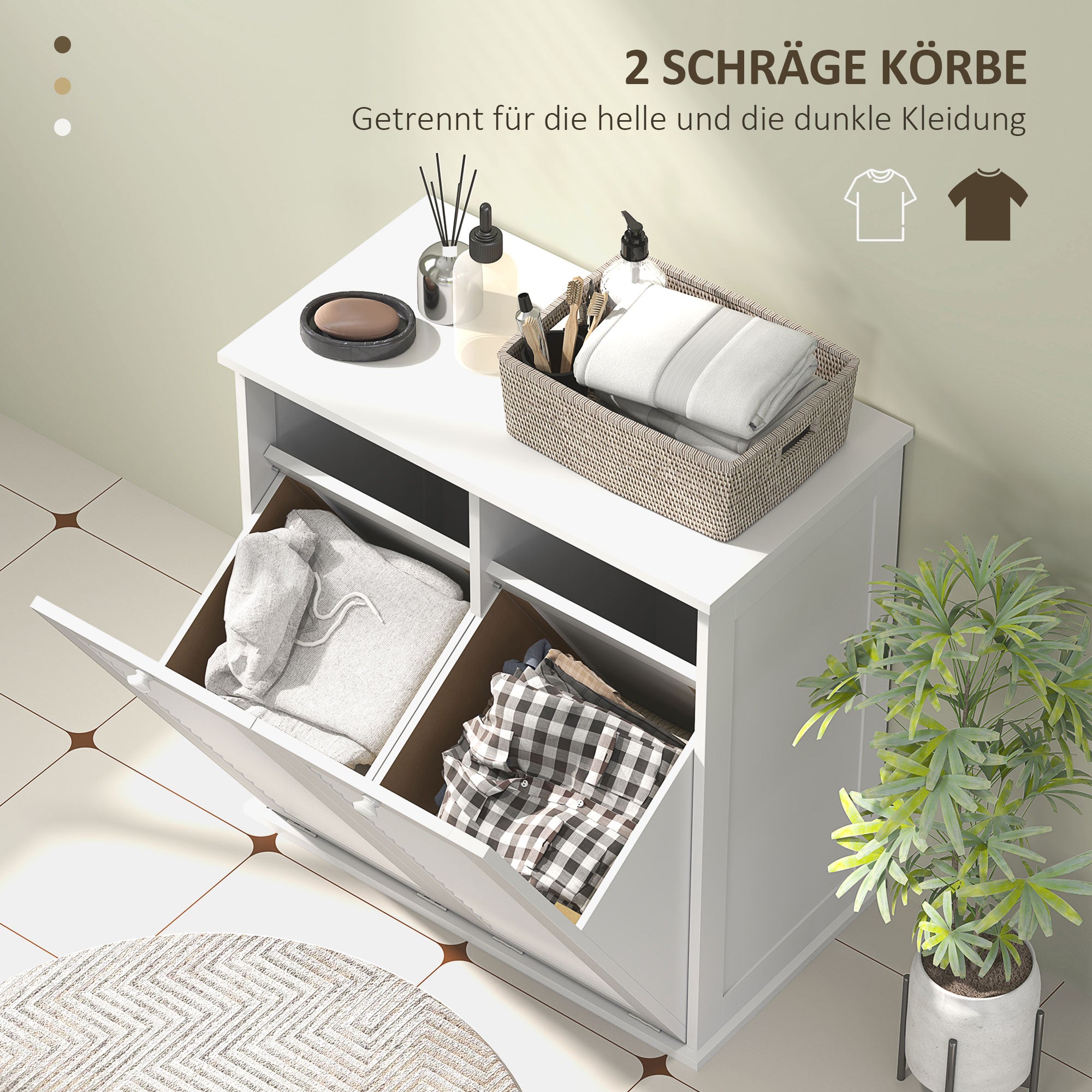 HOMCOM Wäscheschrank, 2 Kippbehälter für Wäsche, 2 Lamellentüren, 70 x 38 x 73 cm, Weiß
