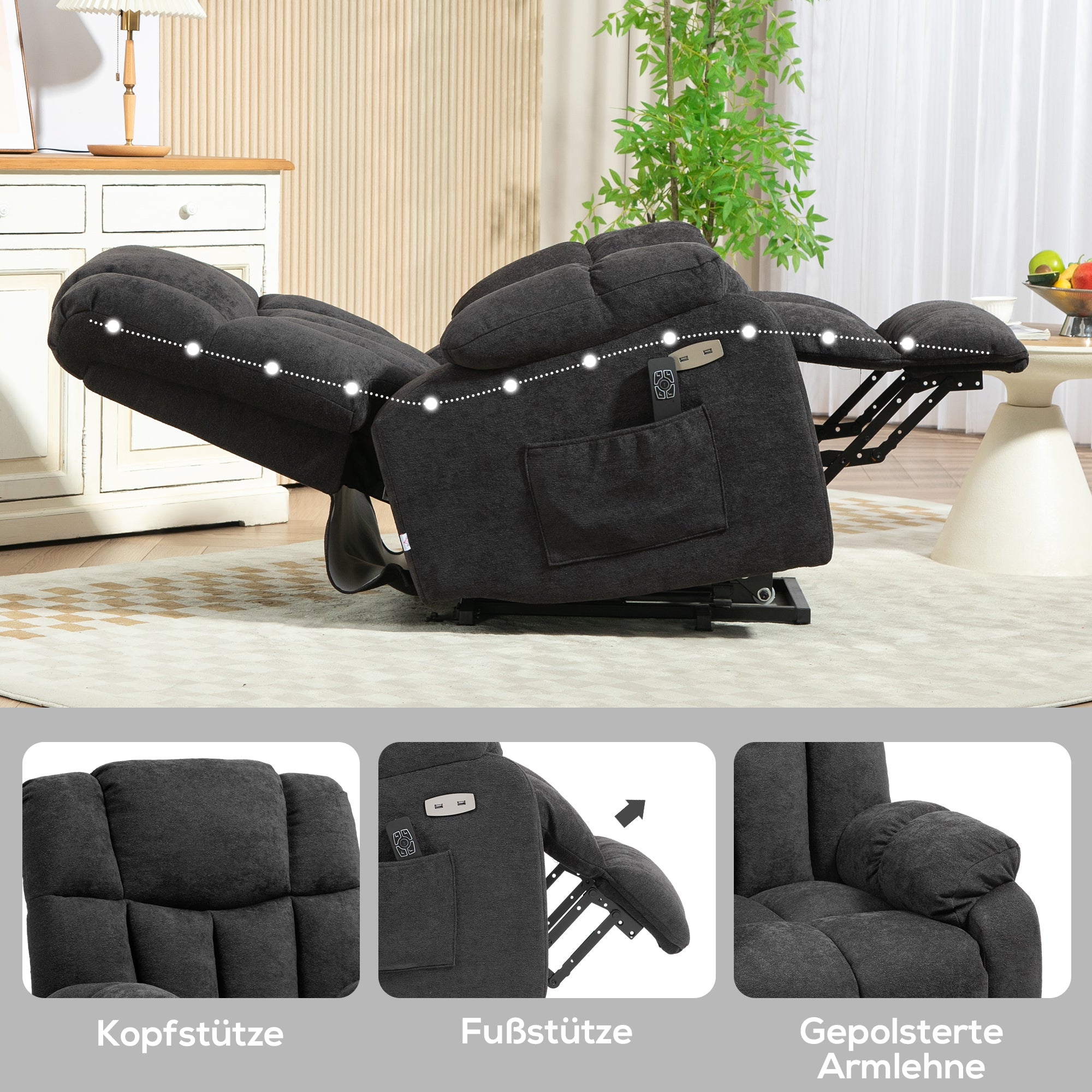 HOMCOM 2-in-1 Relaxsessel mit Liegefunktion, USB-Anschlüsse, Taschenfederkern, Schwarz