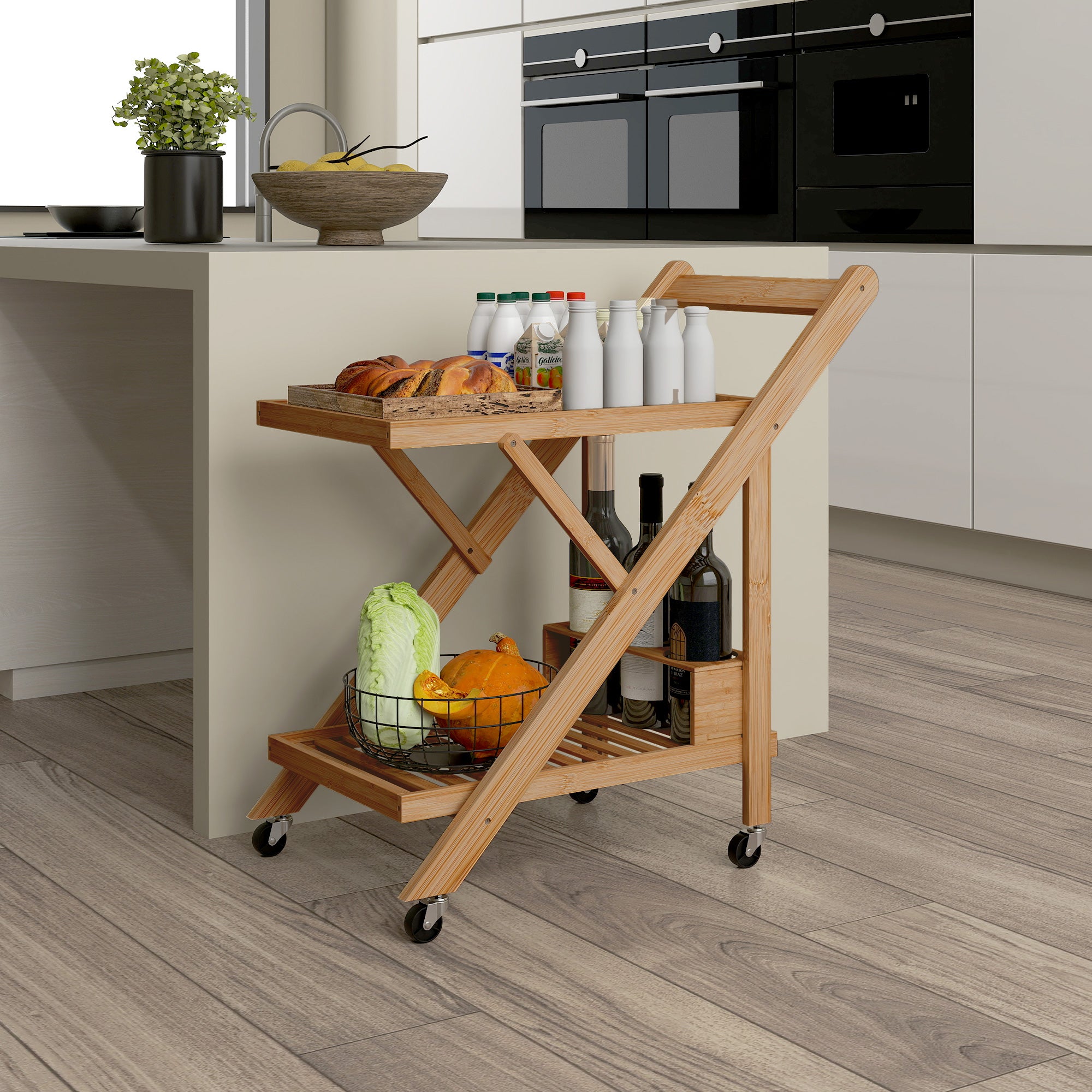 HOMCOM Küchenwagen auf Rädern, Servierwagen mit 3 Weinregalen, 2 Tabletts, für Küche, Esszimmer, Bambusholz, Hellbraun
