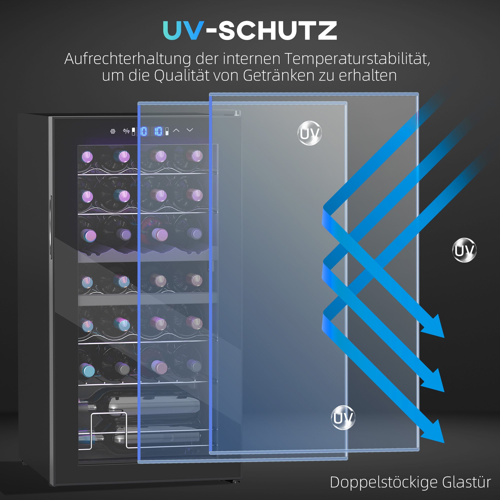 HOMCOM Kleiner Weinkühlschrank, Mini-Kühlschrank für 28 Flaschen, 74 Liter Kapazität, Glastür, LED-Beleuchtung, Touch-Screen