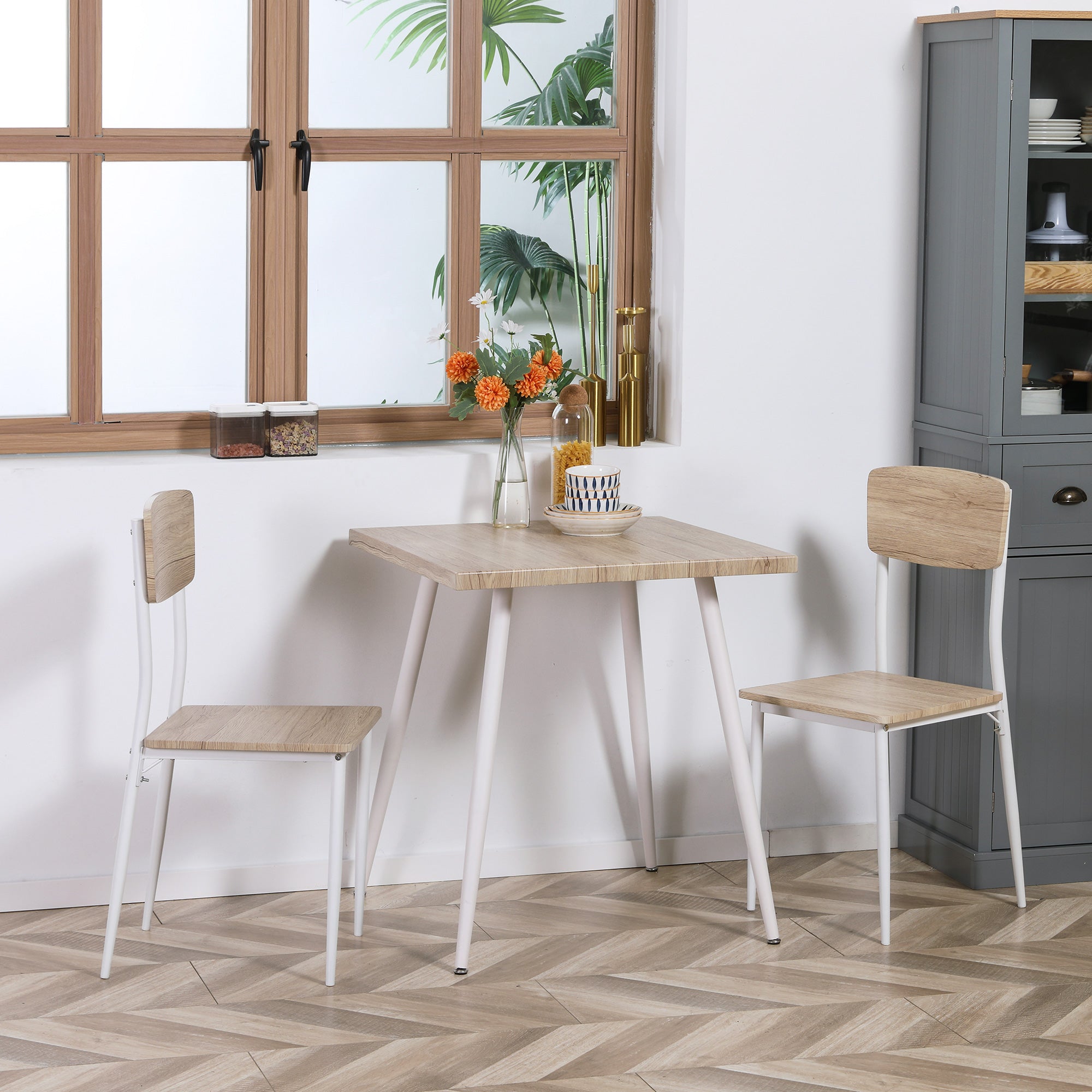 HOMCOM 3-teilige Essgruppe Esstisch mit 2 Stühlen Esszimmergruppe mit Metallgestell Sitzgruppe für Esszimmer, Küche Nautr+Weiß