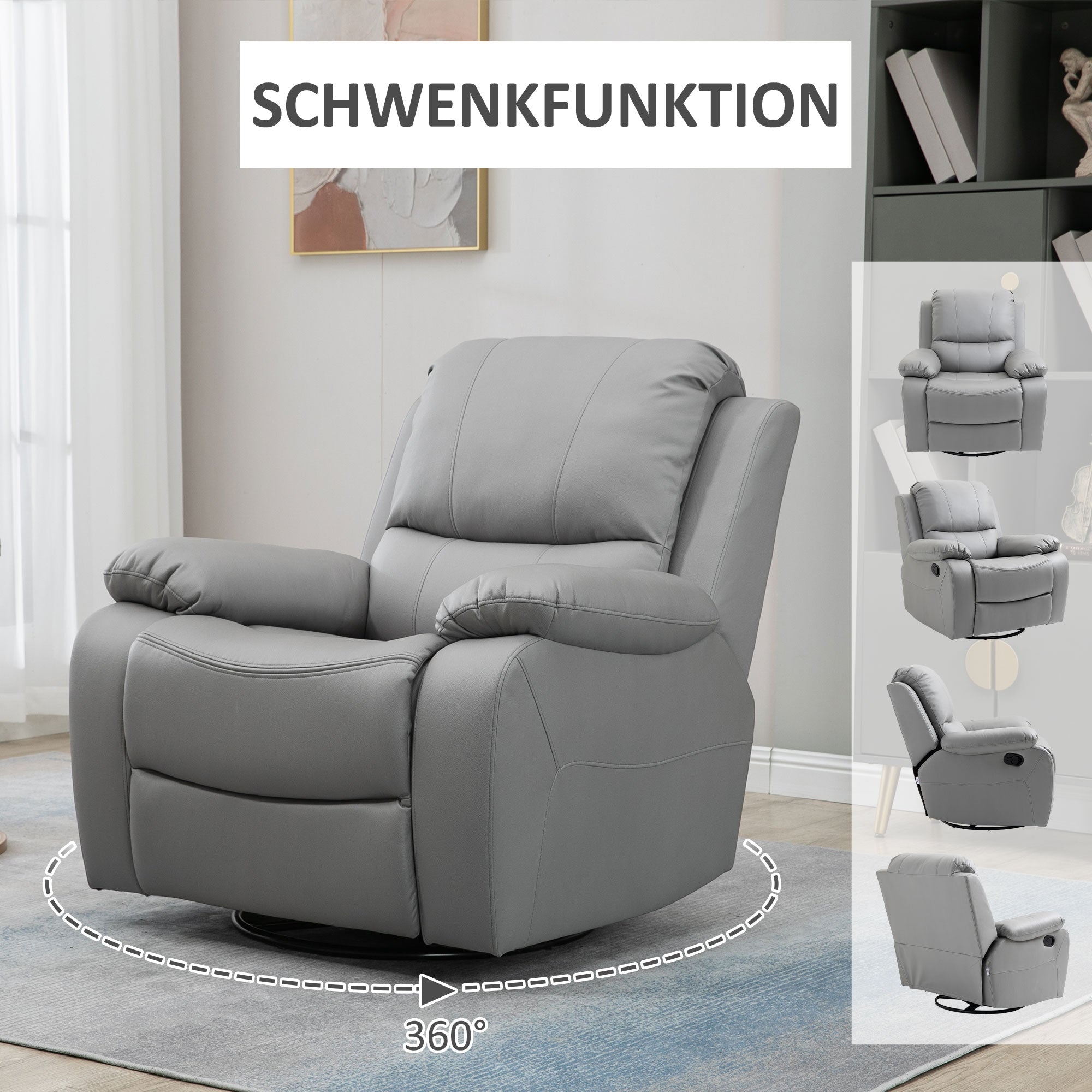 HOMCOM Relaxsessel, Liegesessel, neigbare Rücklehne, drehbar, Wippfunktion, mit Fußstütze, Stahl, grau, 93 x 100 x 98Hcm