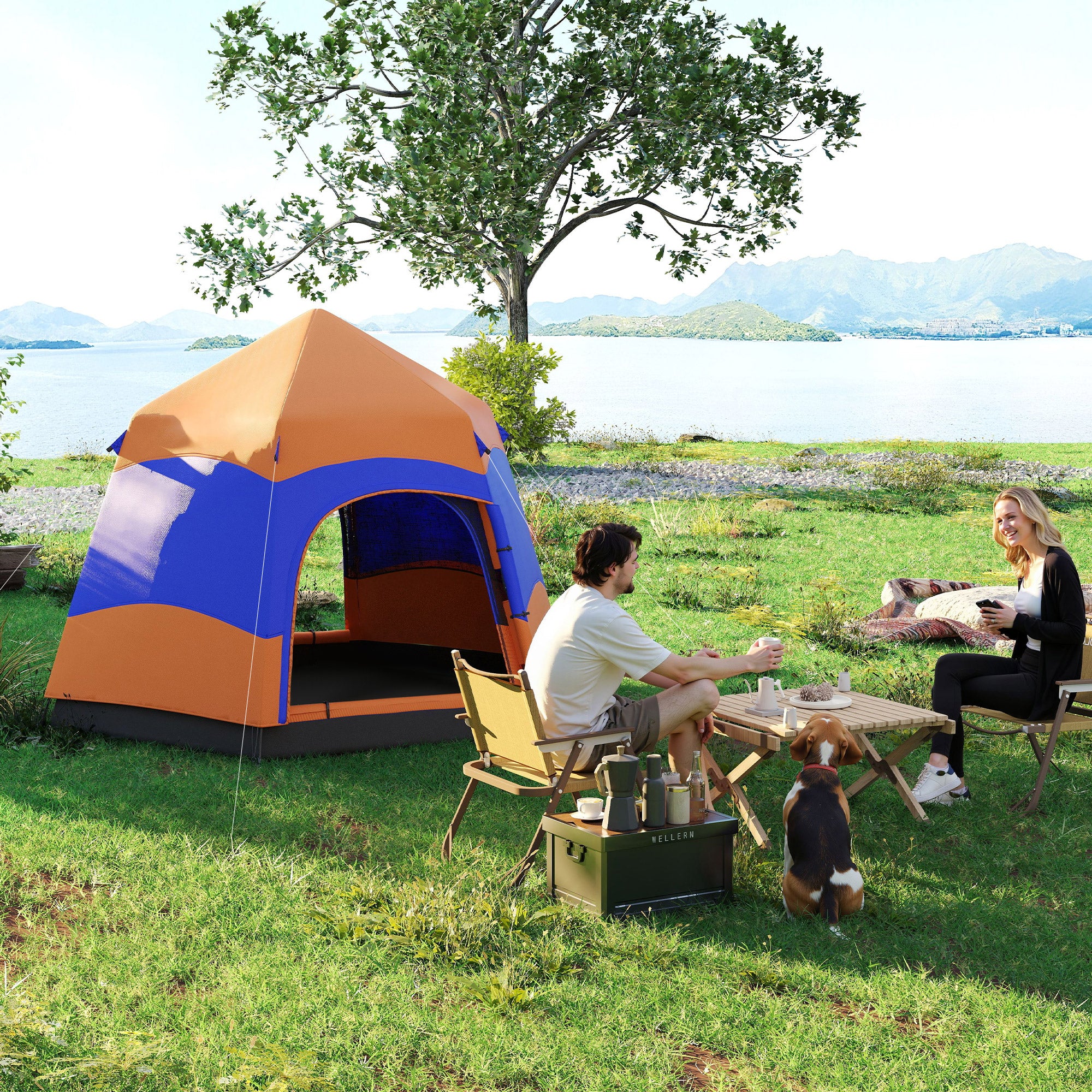 Outsunny Doppellagiges Instant-Pop-Up-Zelt mit Regenschutz, Outdoor Familienzelt für 4 Personen wasserdicht sechseckig 4 Jahreszeiten Kuppelzelt mit Bodenplane 2 Türen Moskitonetz Tragetasche Orange