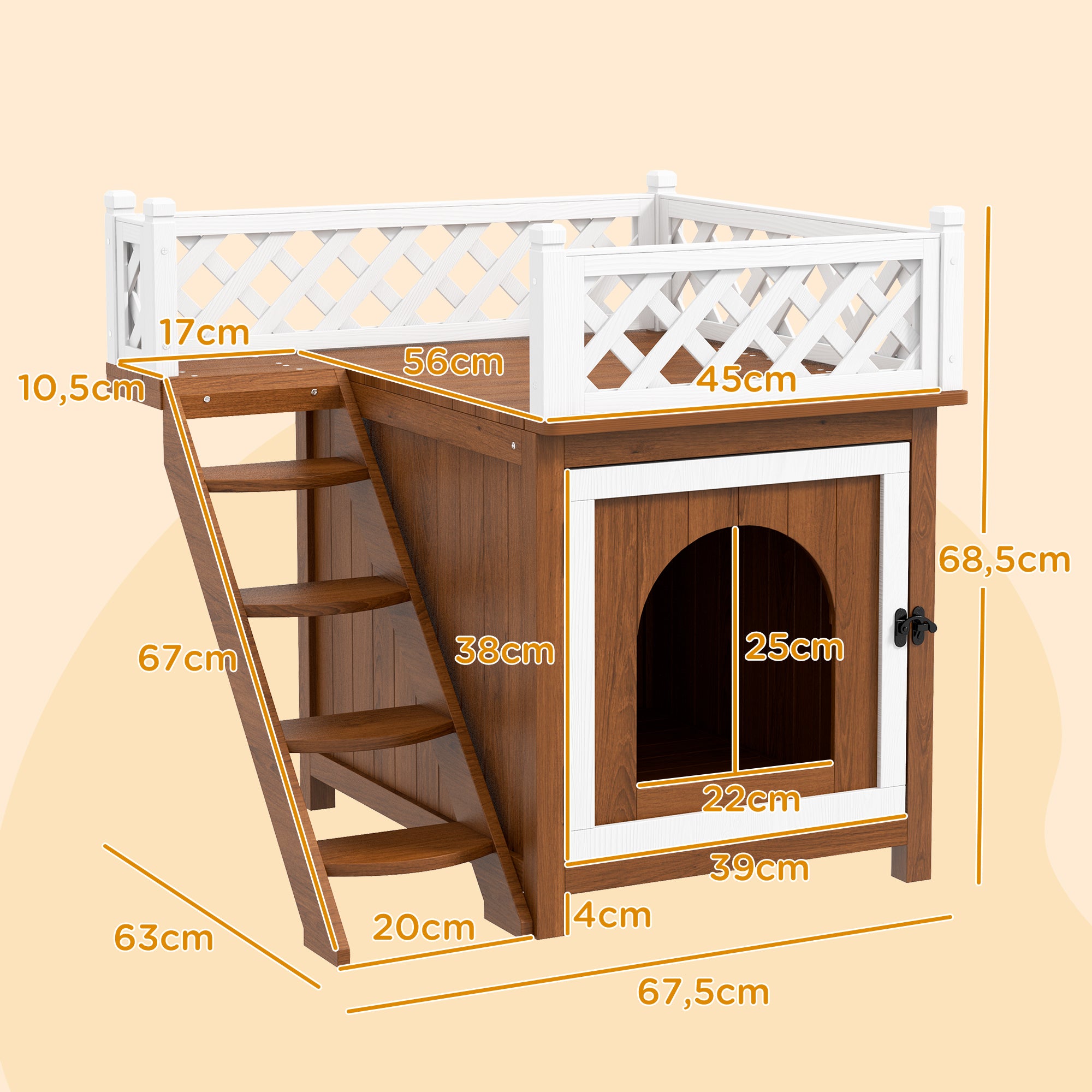 PawHut Katzenhaus, zweistöckig, mit Balkon und Treppe, für drinnen und draußen, für Katzen und Kaninchen, Tannenholz, Braun