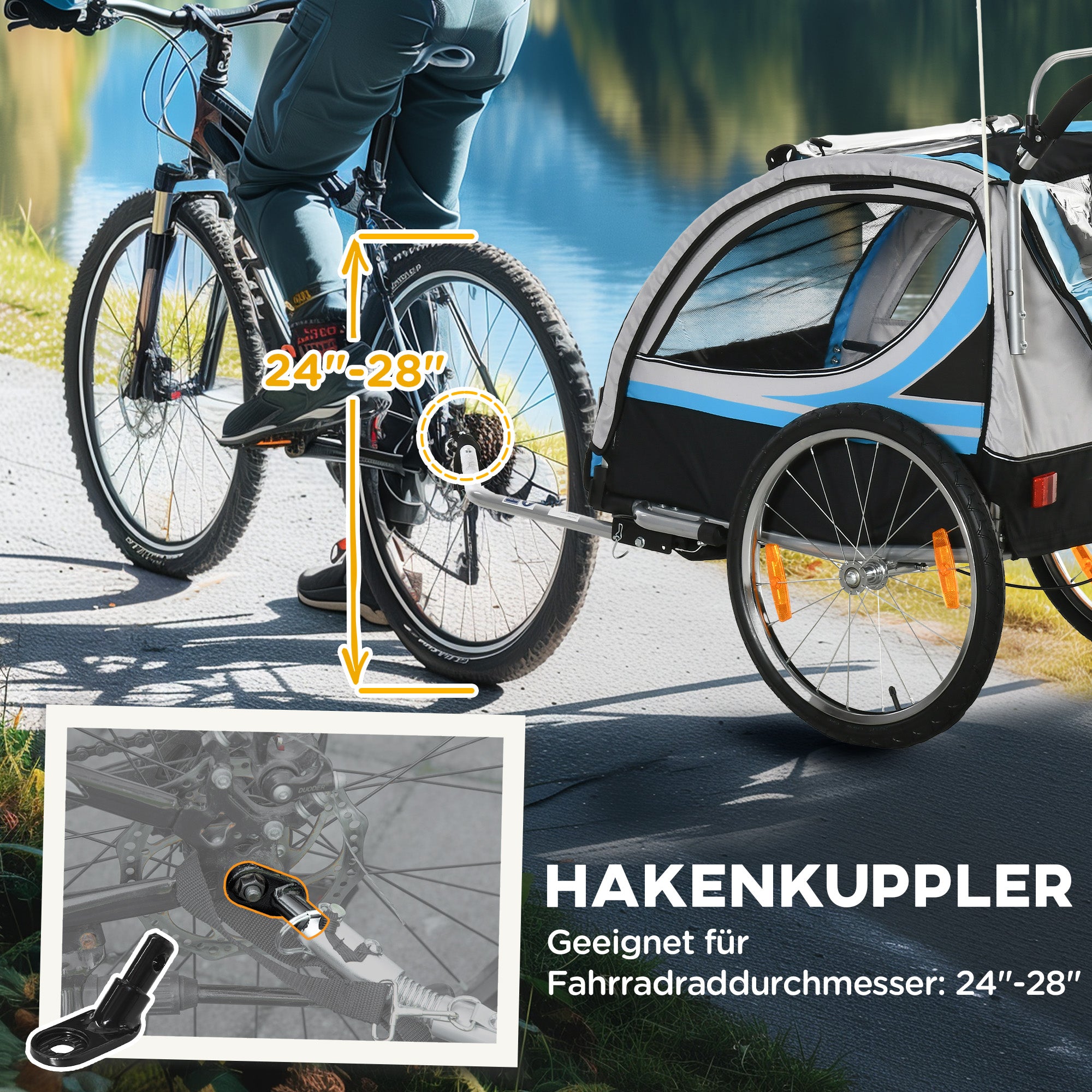 HOMCOM Kinderanhänger, Kinderwagen, 5-Punkt-Sicherheitsgurt, Universalkupplung, Stahl, Blau, 142 x 75 x 101 cm